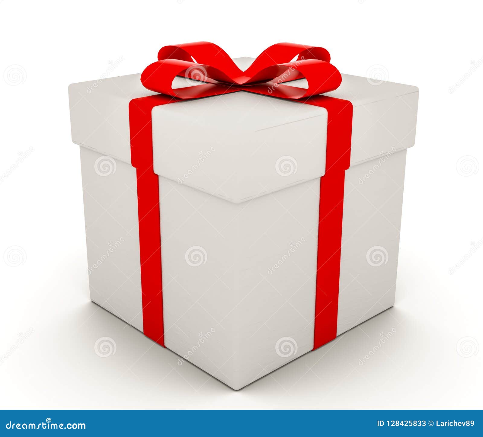 White Gift Box with Red Ribbon Bow, Isolated on White. 3D Render Stock