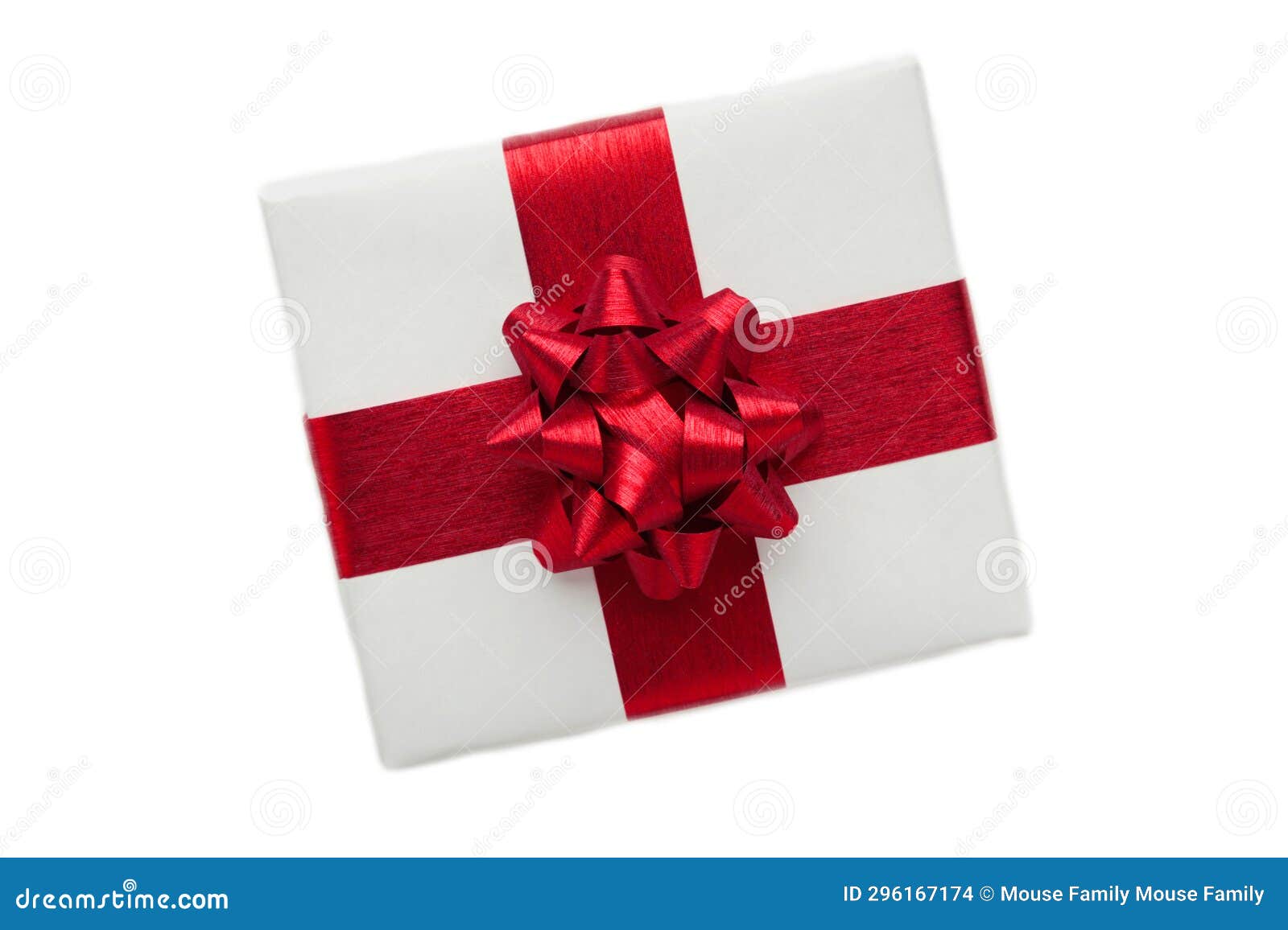 White Gift Box with Red Ribbon Bow, Isolated on White Stock Photo