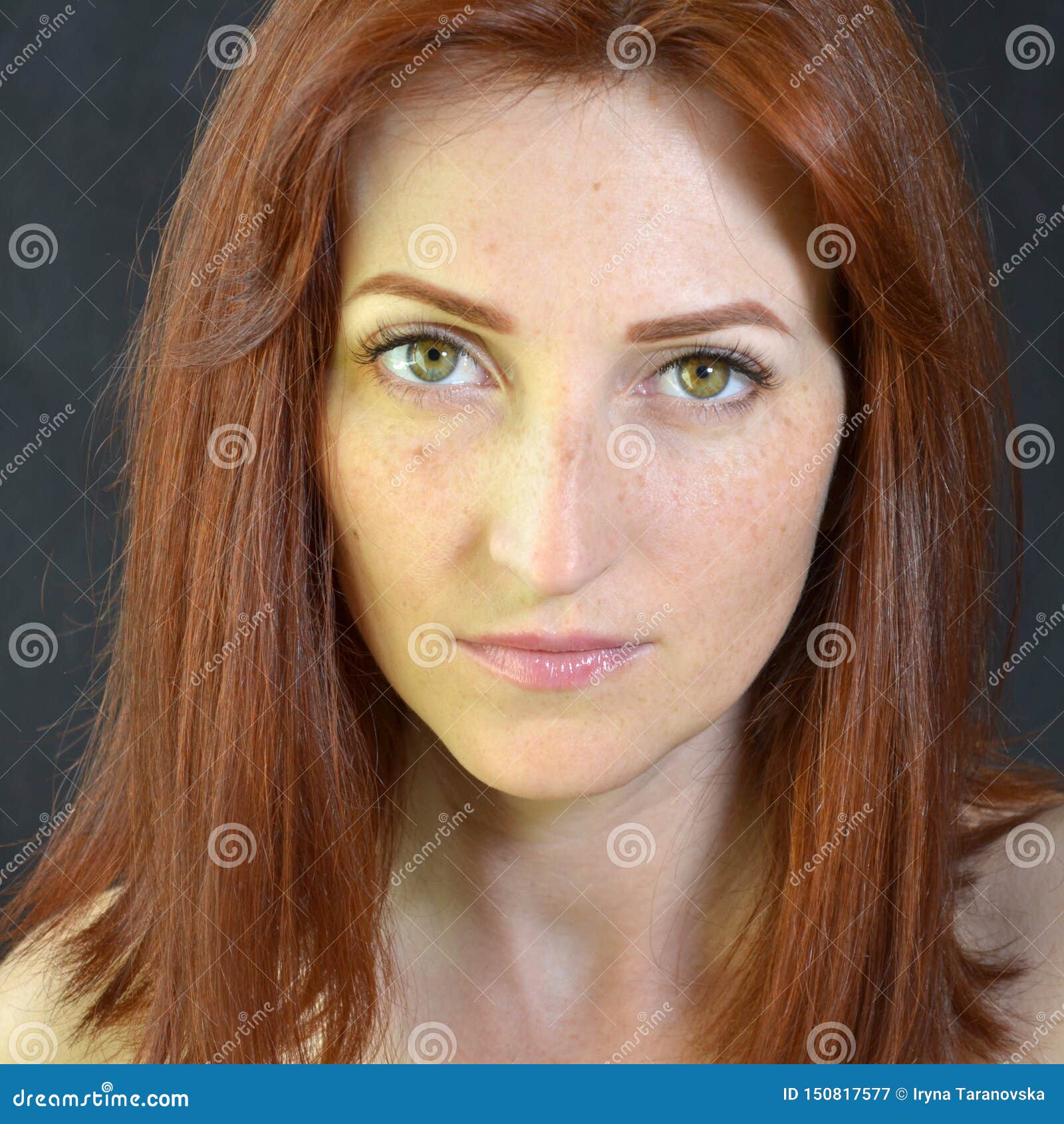 White Girl with Red Hair and Green Eyes with Eyelash Extensions on Dark  Background Looks Straight Stock Image - Image of extension, female:  150817577