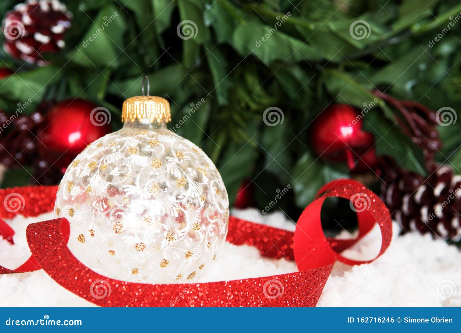 White Glass Christmas Baubles in Snow. Holiday Theme Stock Photo ...