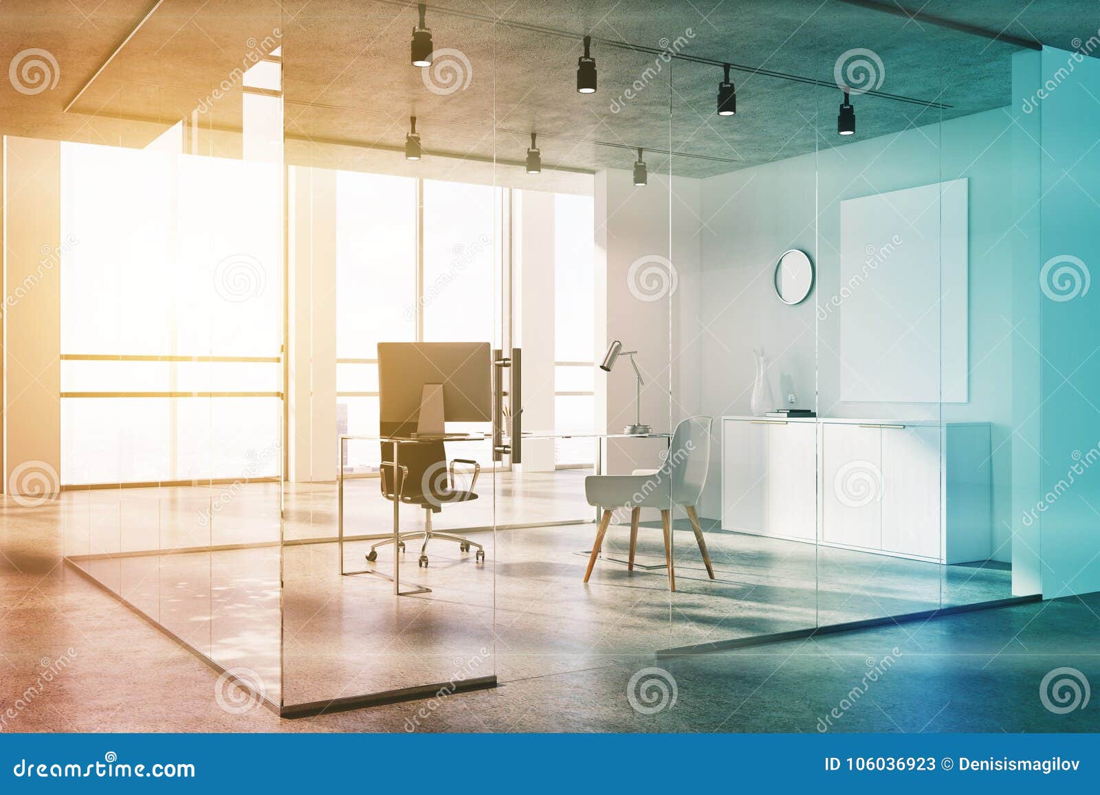 White And Glass Office Lobby Stairs Side Toned Stock Illustration