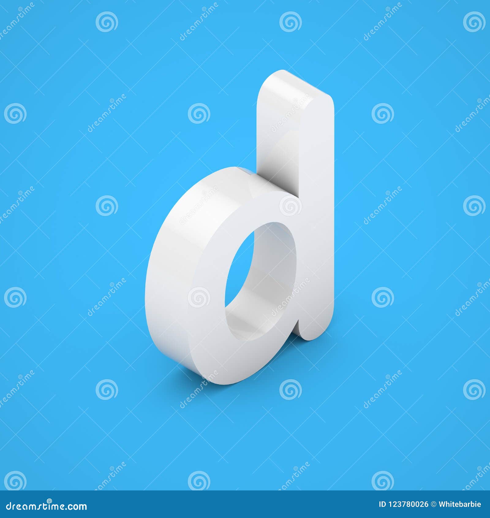 White Glossy Isometric Letter D Lowercase Isolated on Blue Background