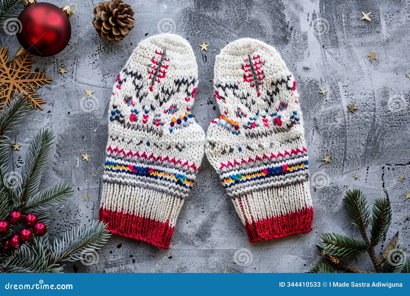 white gloves with vibrant patterns on gray table in a festive winter setup, showcasing holiday style