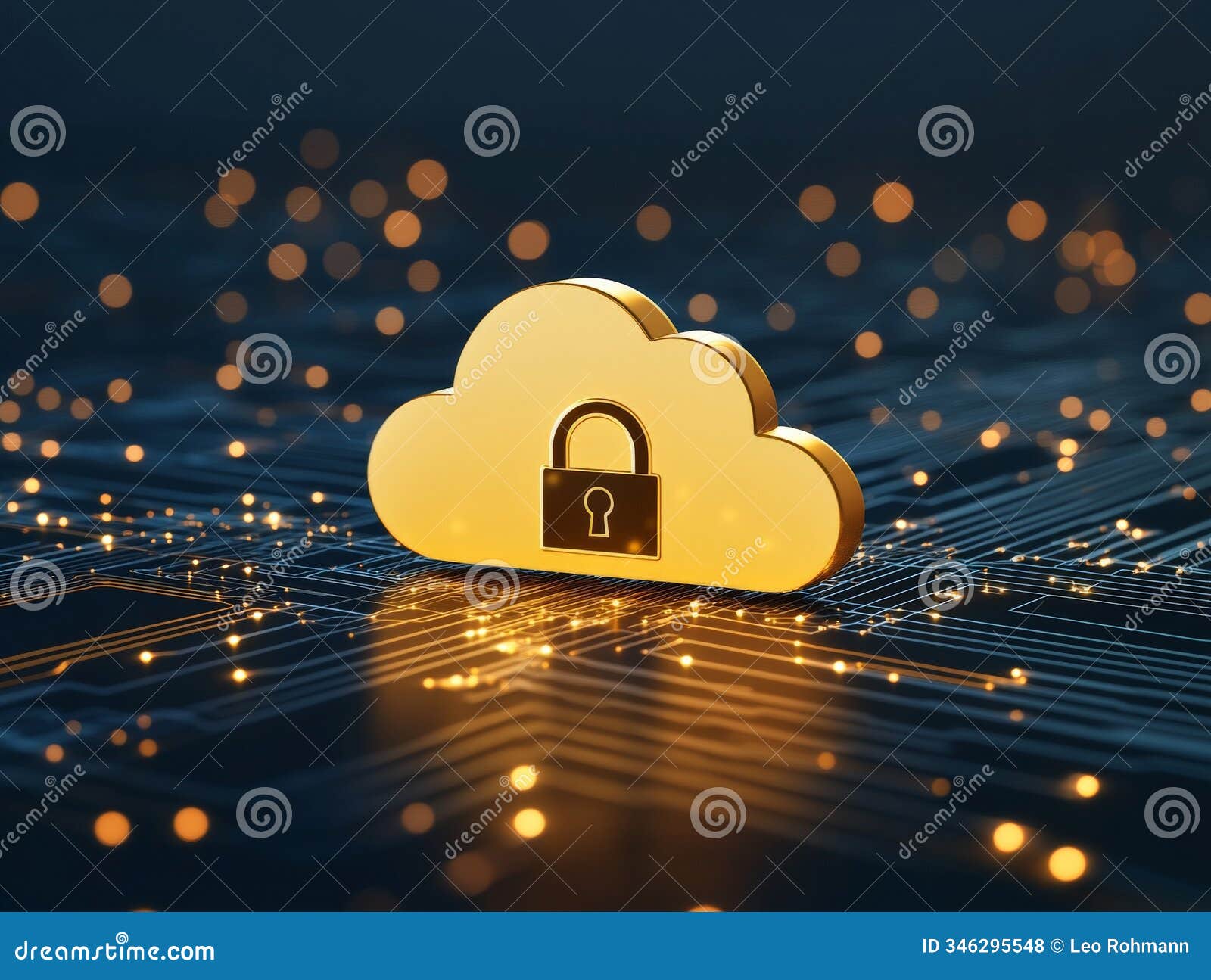 white glowing cloud with a central padlock icon resting on a detailed circuit board, izing data encryption, secure networ