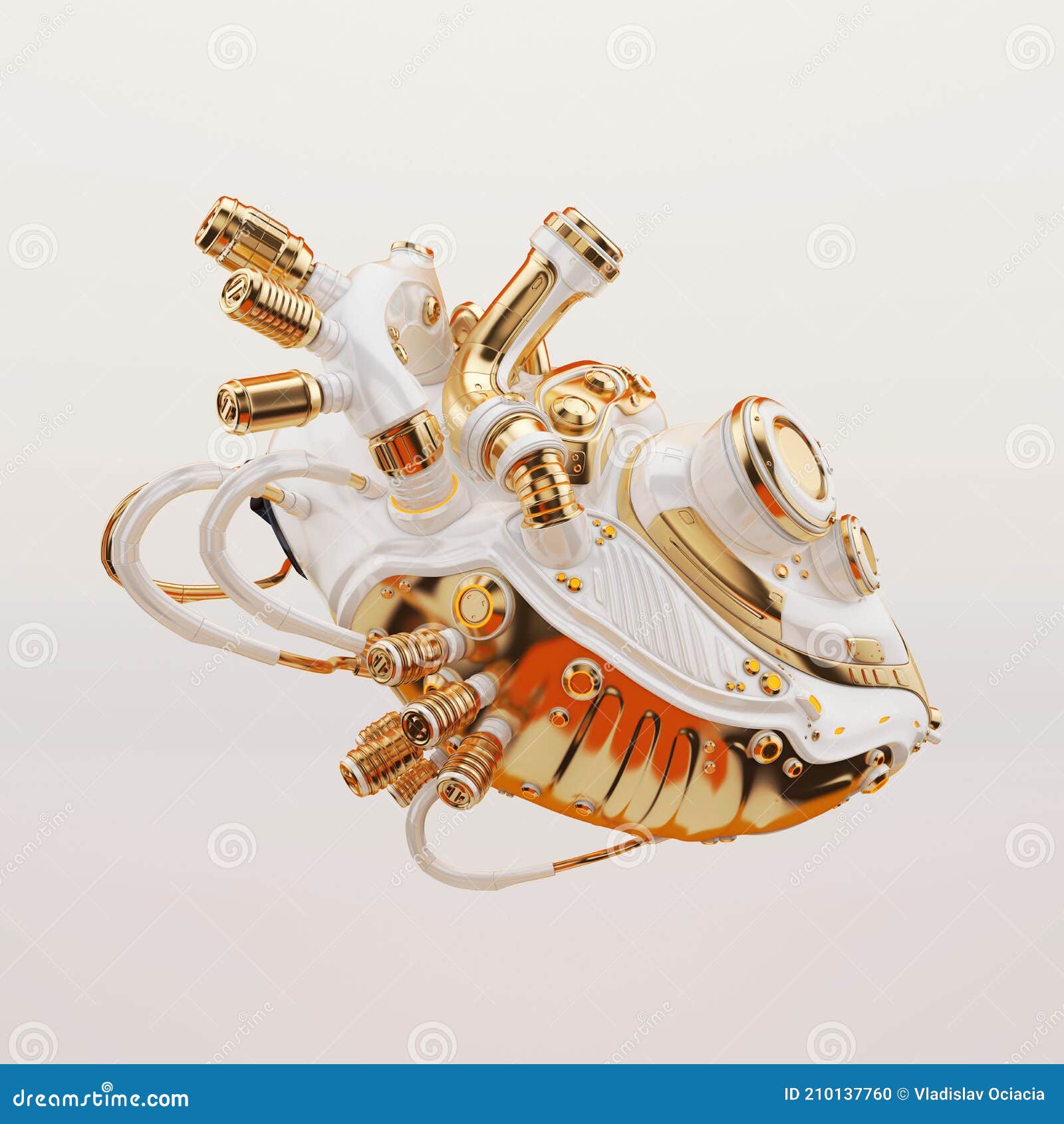 white-gold artificial sci-fi heart organ on light back