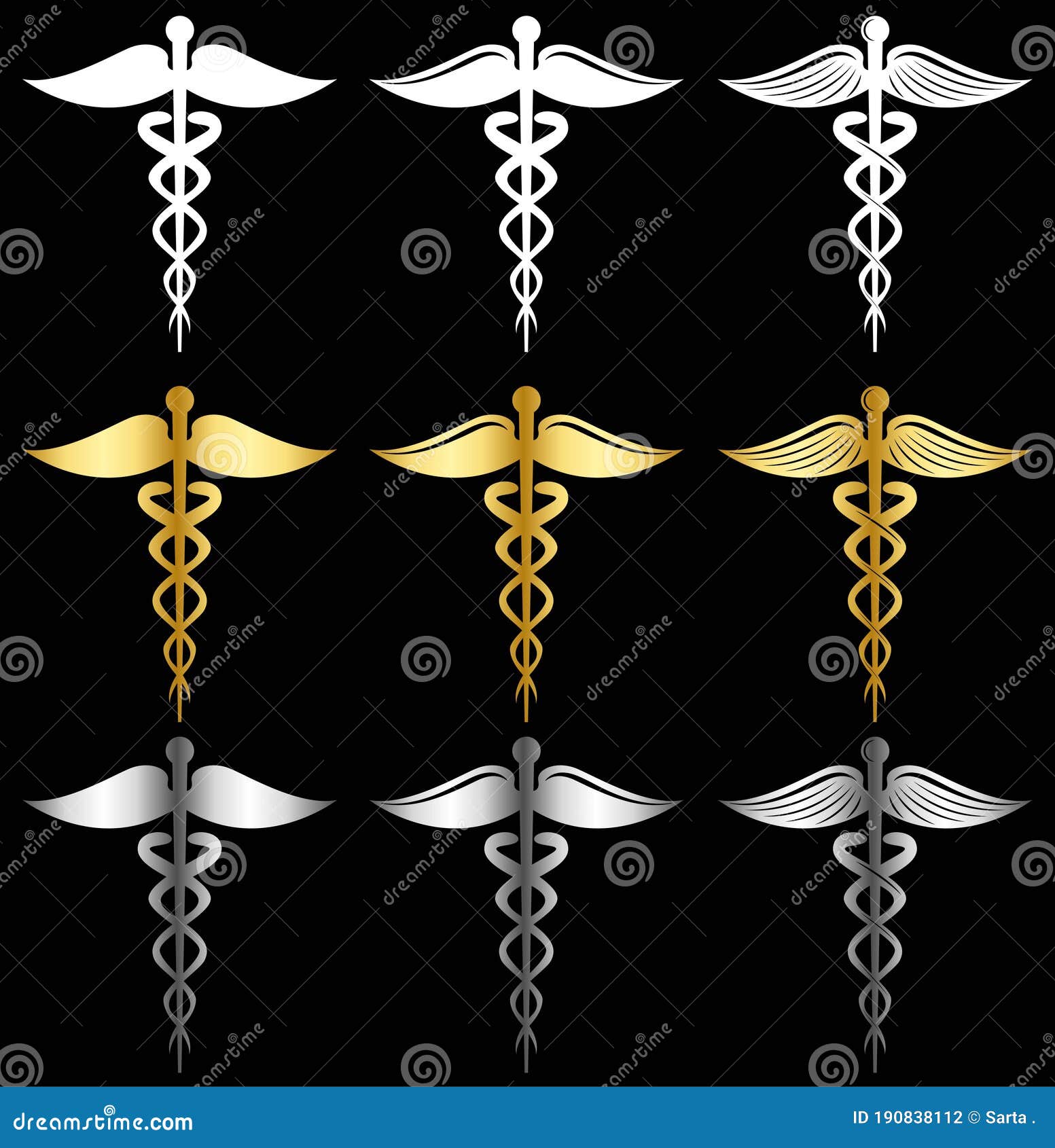 white gold  and silver caduceus as a  of medicine  set