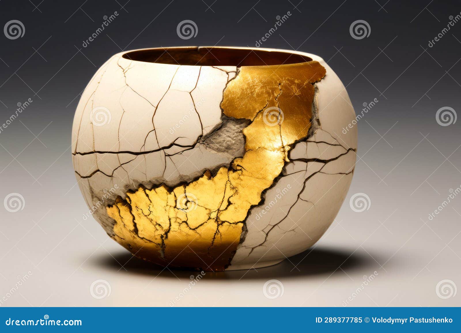 White and Gold Vase with Crack in it S Side. Generative AI Stock Image