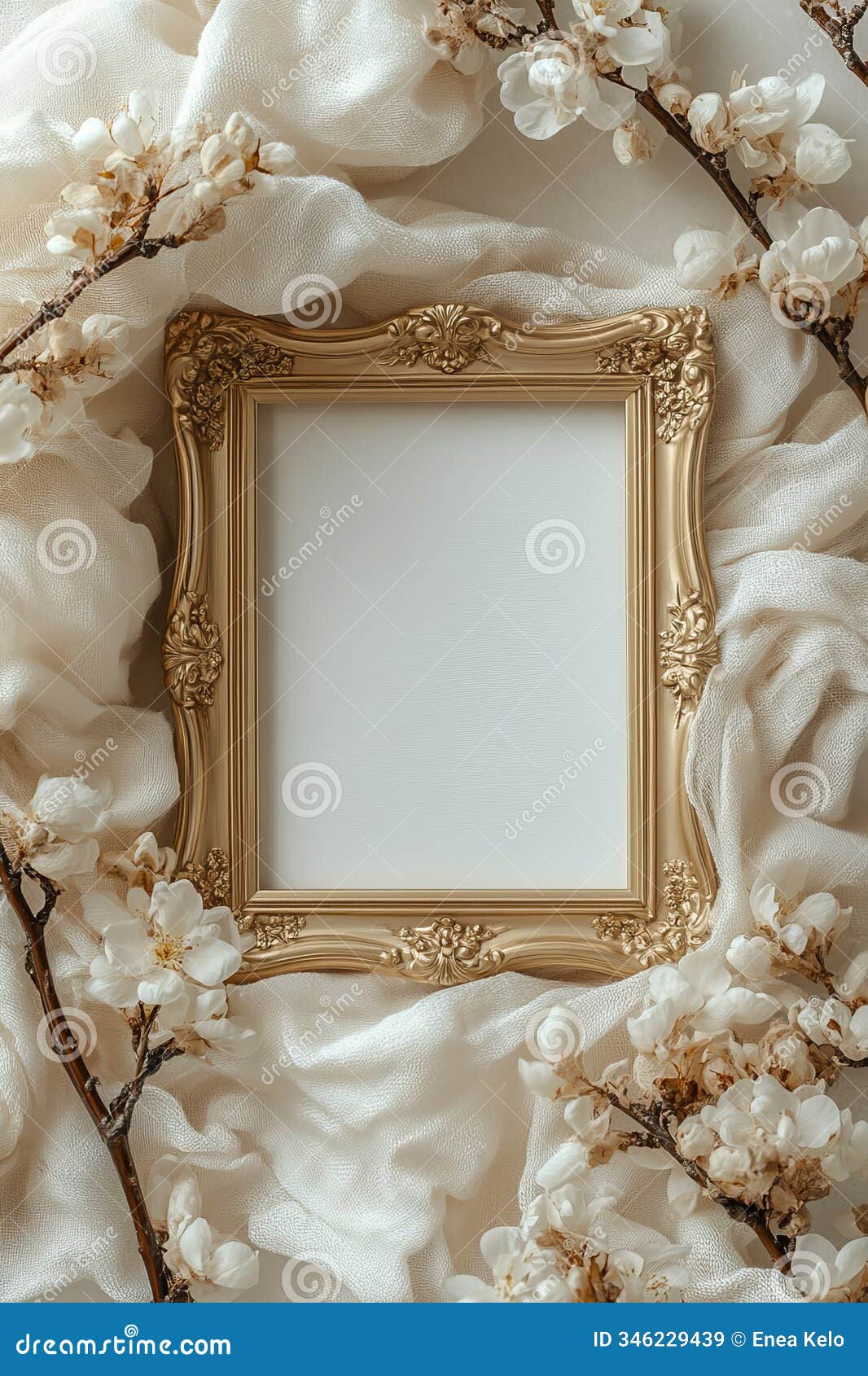 white and gold vintage frame on neutral textured fabric