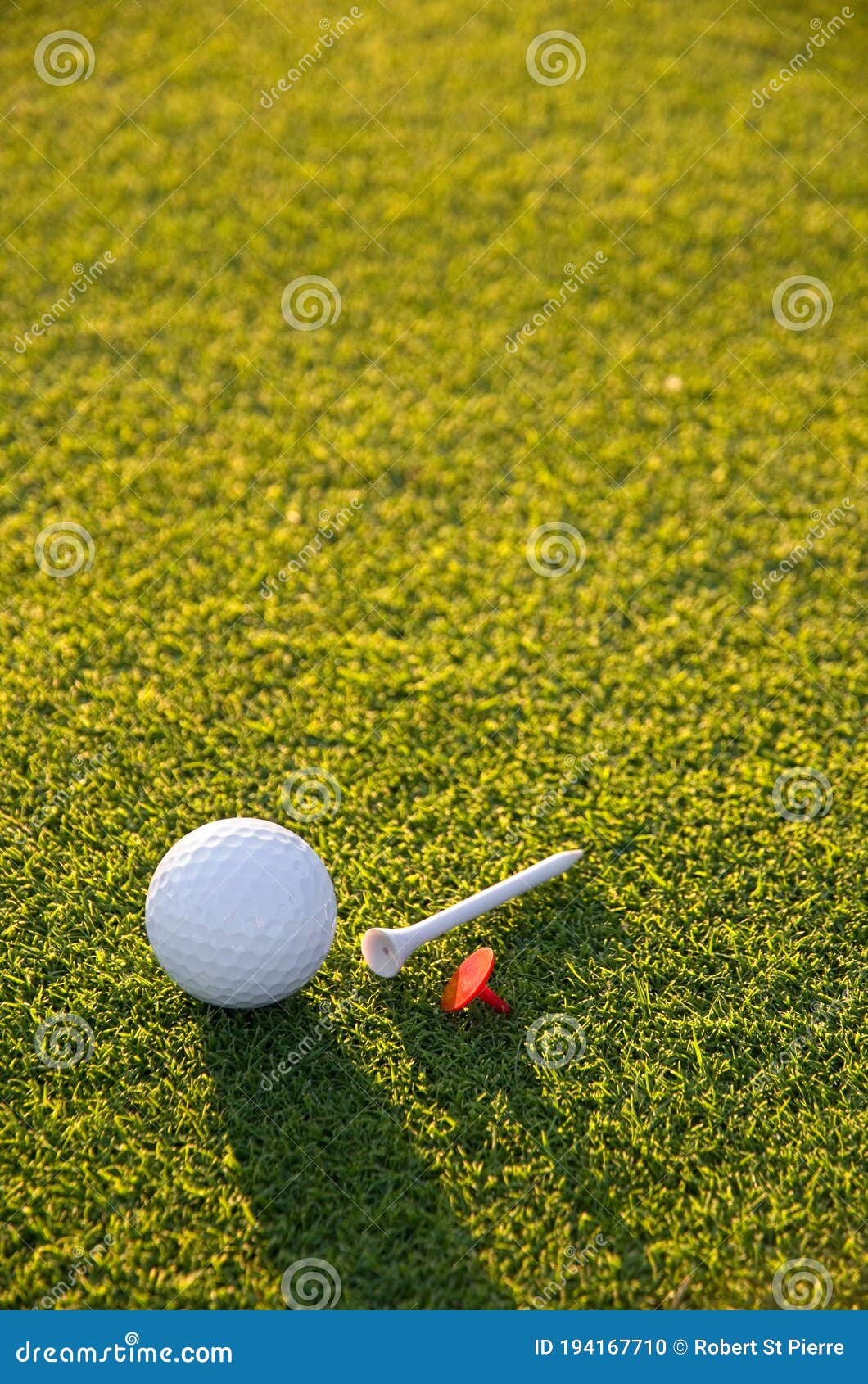 White Golf Ball, Red Marker and White Plastic Tee on Golden Lighted