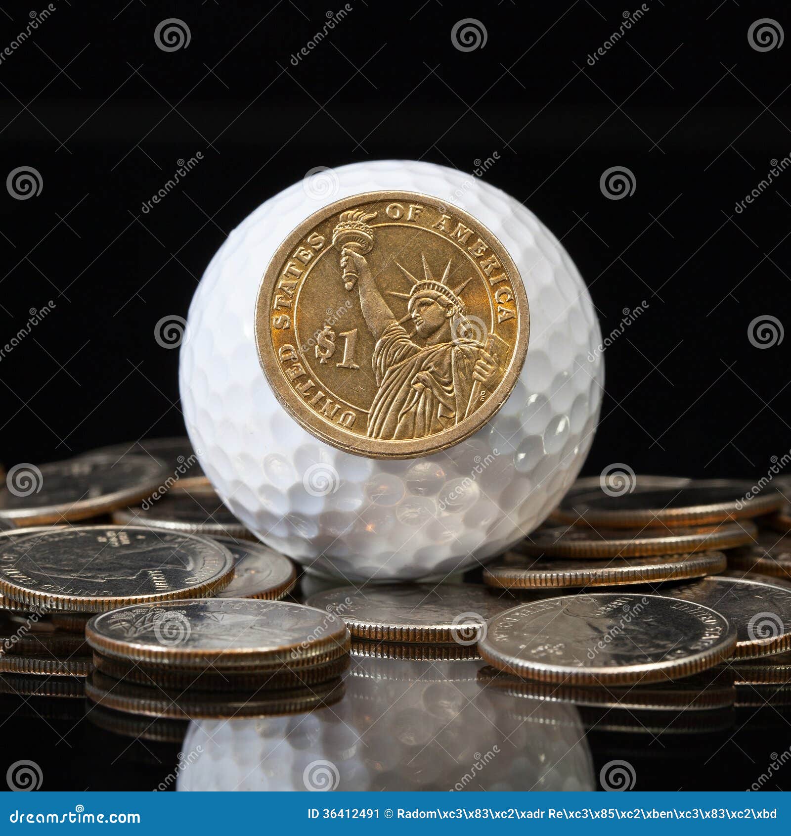 White Golf Ball and U.S. Dollar Coins Stock Image Image of metal