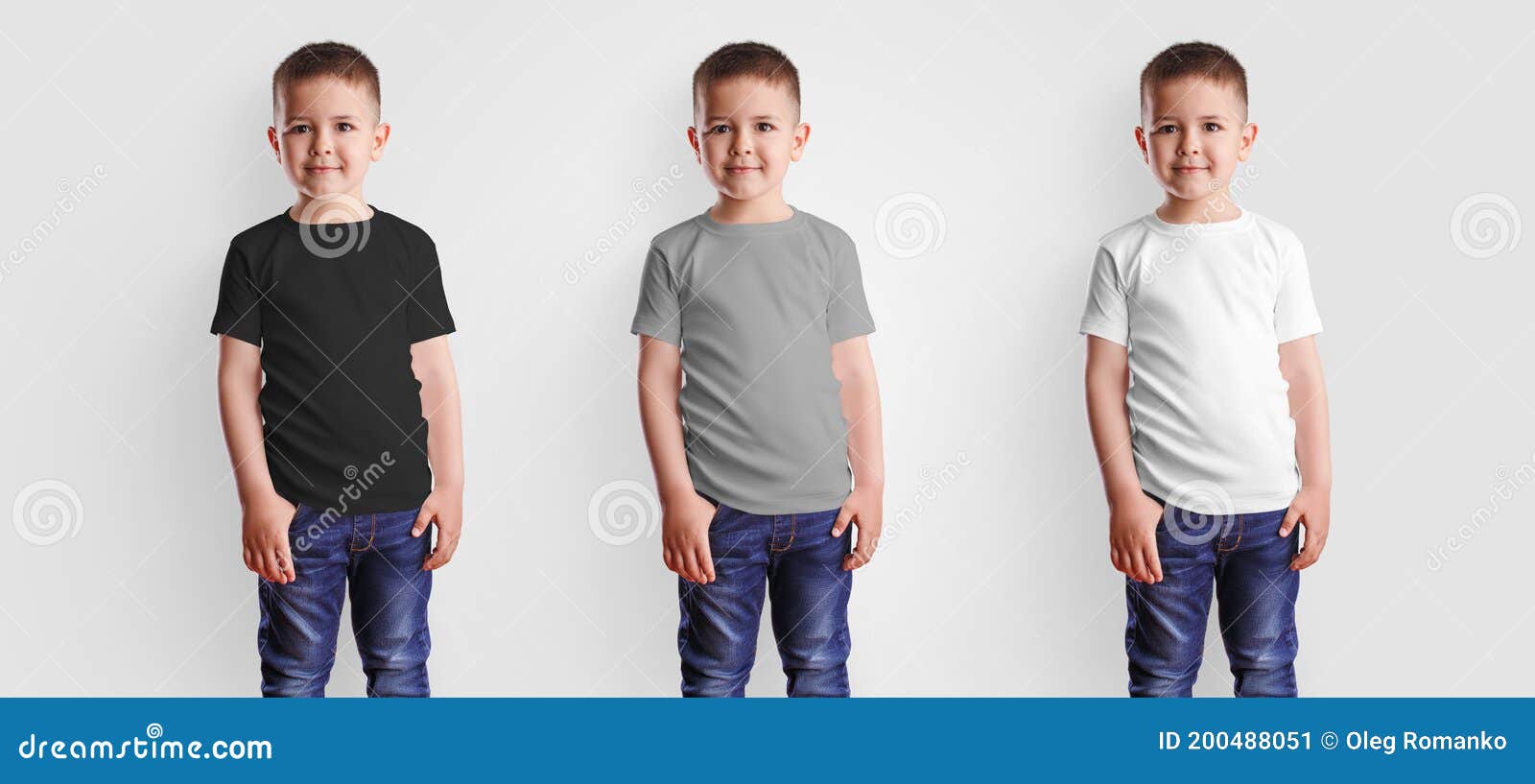 Download White Gray Black T Shirt Mockup On Cute Boy In Jeans Blank Clothes For Design And Pattern Presentation Stock Image Image Of Clothes Jeans 200488051