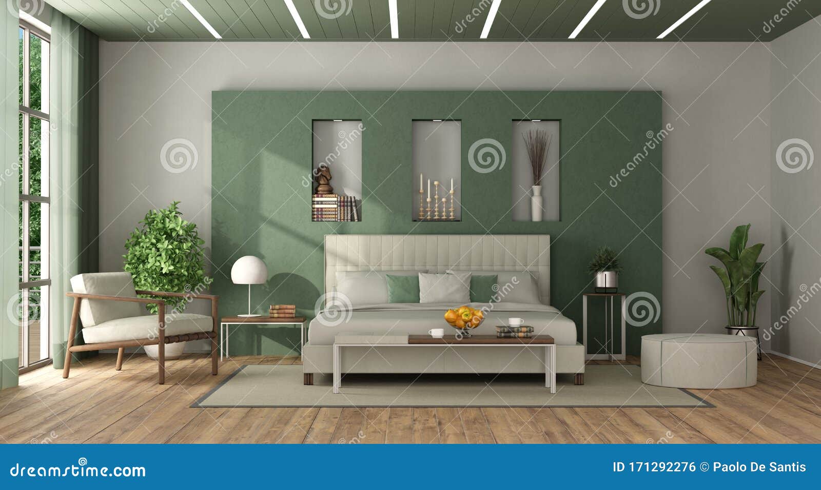 White And Green Elegant Master Bedroom Stock Illustration Illustration Of Foliage Furniture 171292276