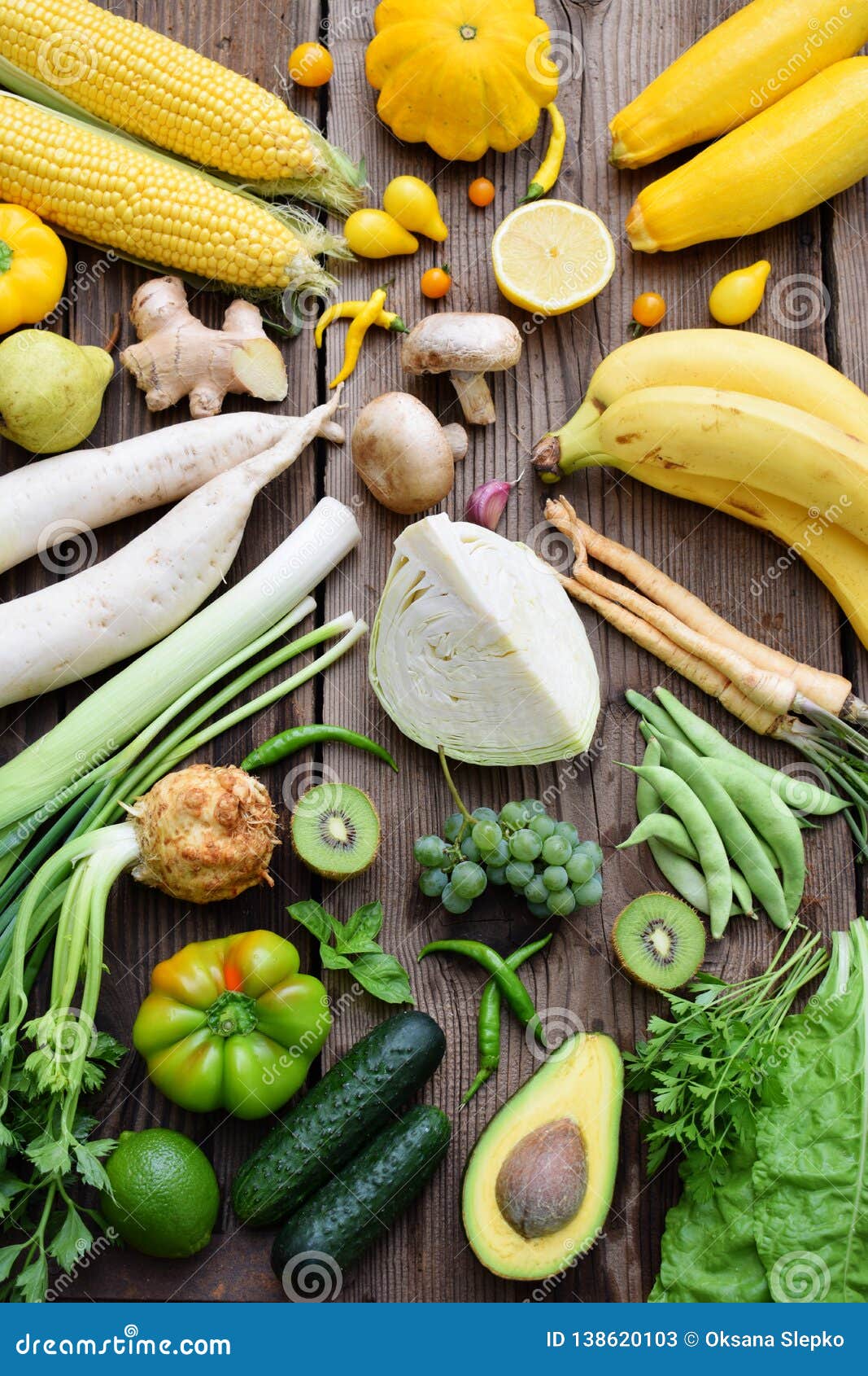 White, Green, Yellow Fruits And Vegetables On Wooden Background ...