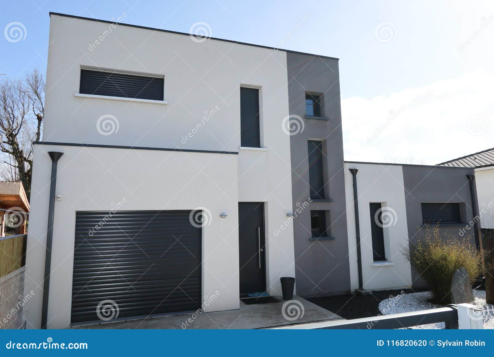White Grey House with Garage and Driveway Exterior Stock Photo - Image of  house, summer: 116820620
