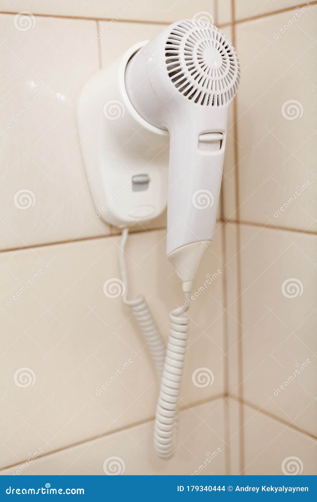 White Hair Dryer Hanging on Wall in Bathroom Stock Photo Image of wall, room 179340444