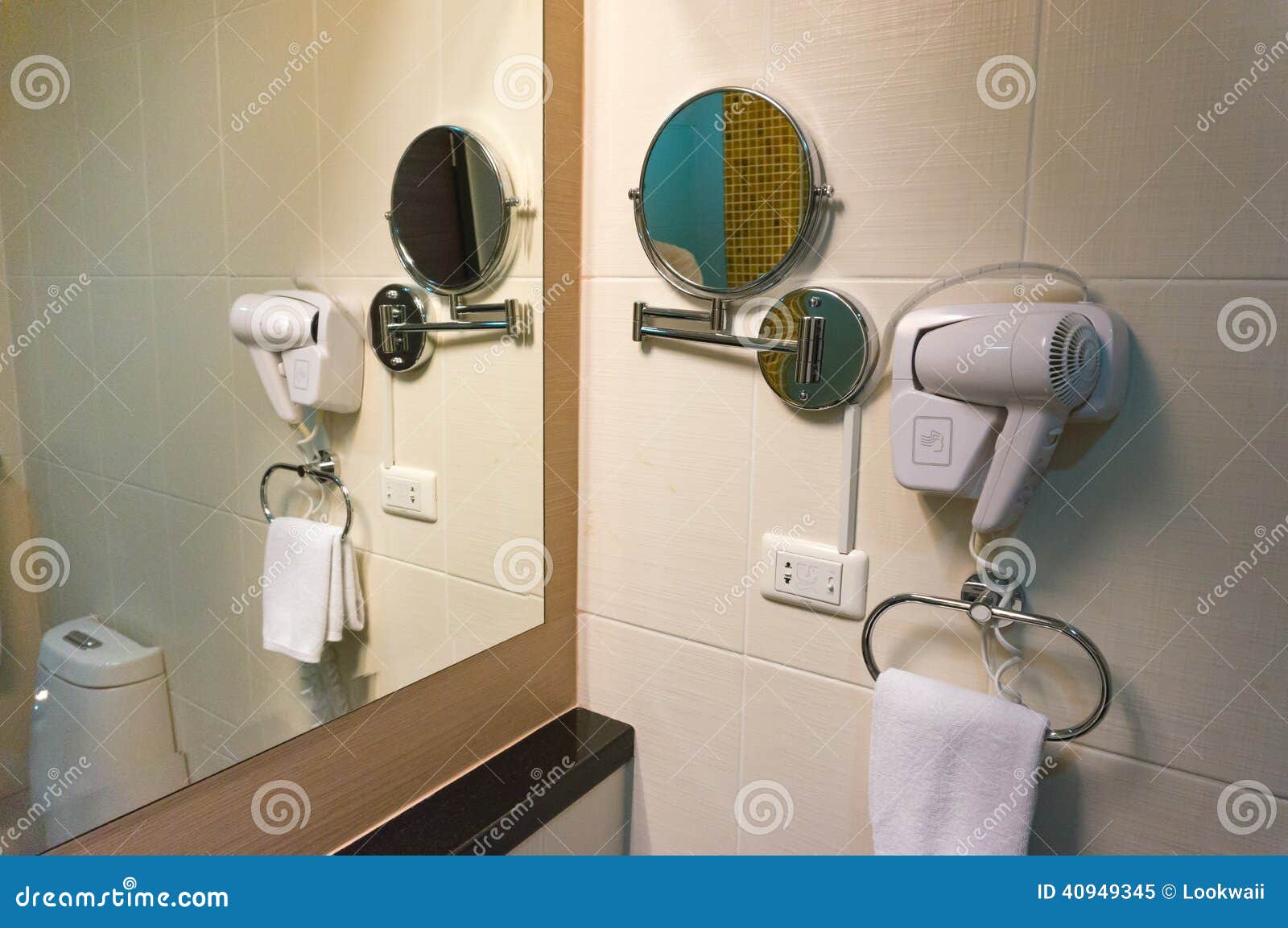 White Hair Dryer and Mirror on Wall in Bathroom Stock Image Image of