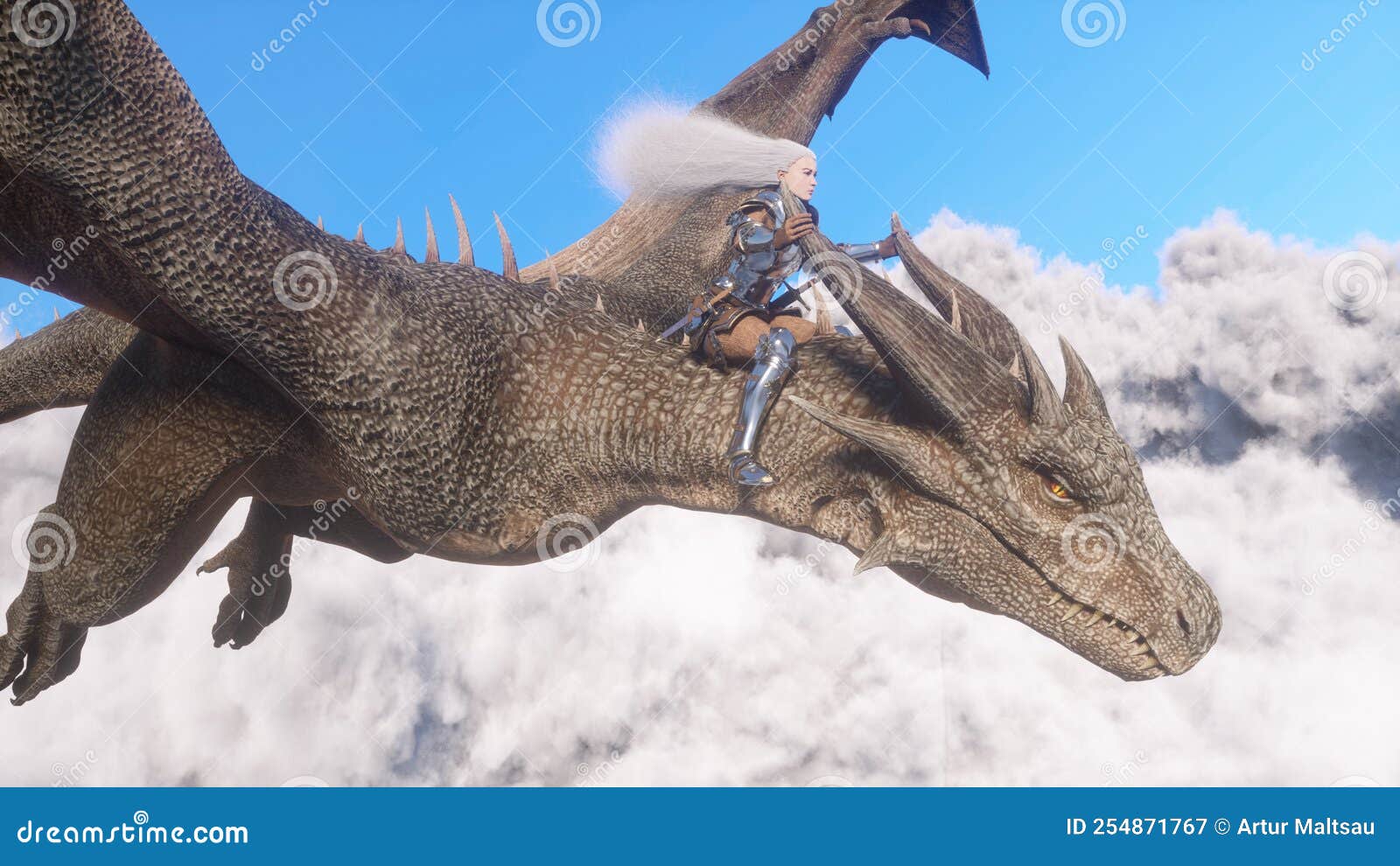 white haired female warrior knight flies on a dragon above the clouds.fantasy artwork scene. cgi animation 3d rendering