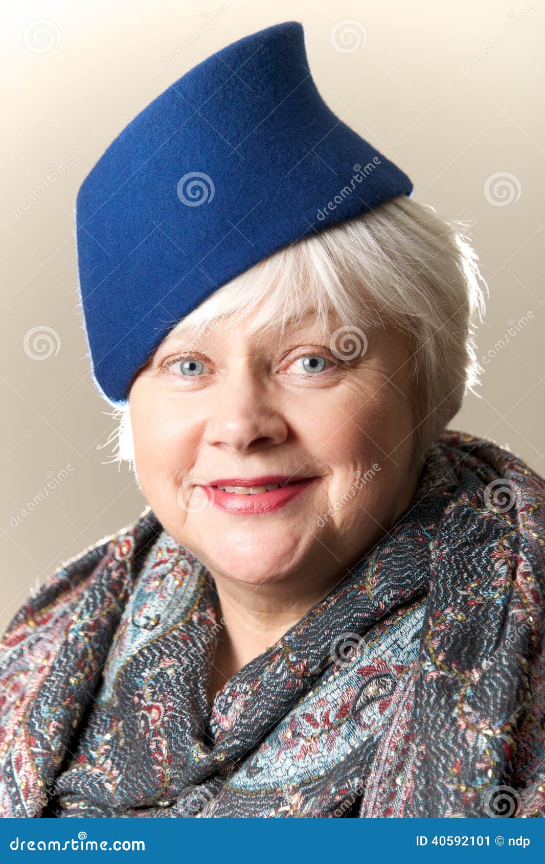 Whitehaired Woman in Blue Hat and Shawl Stock Image Image of felt