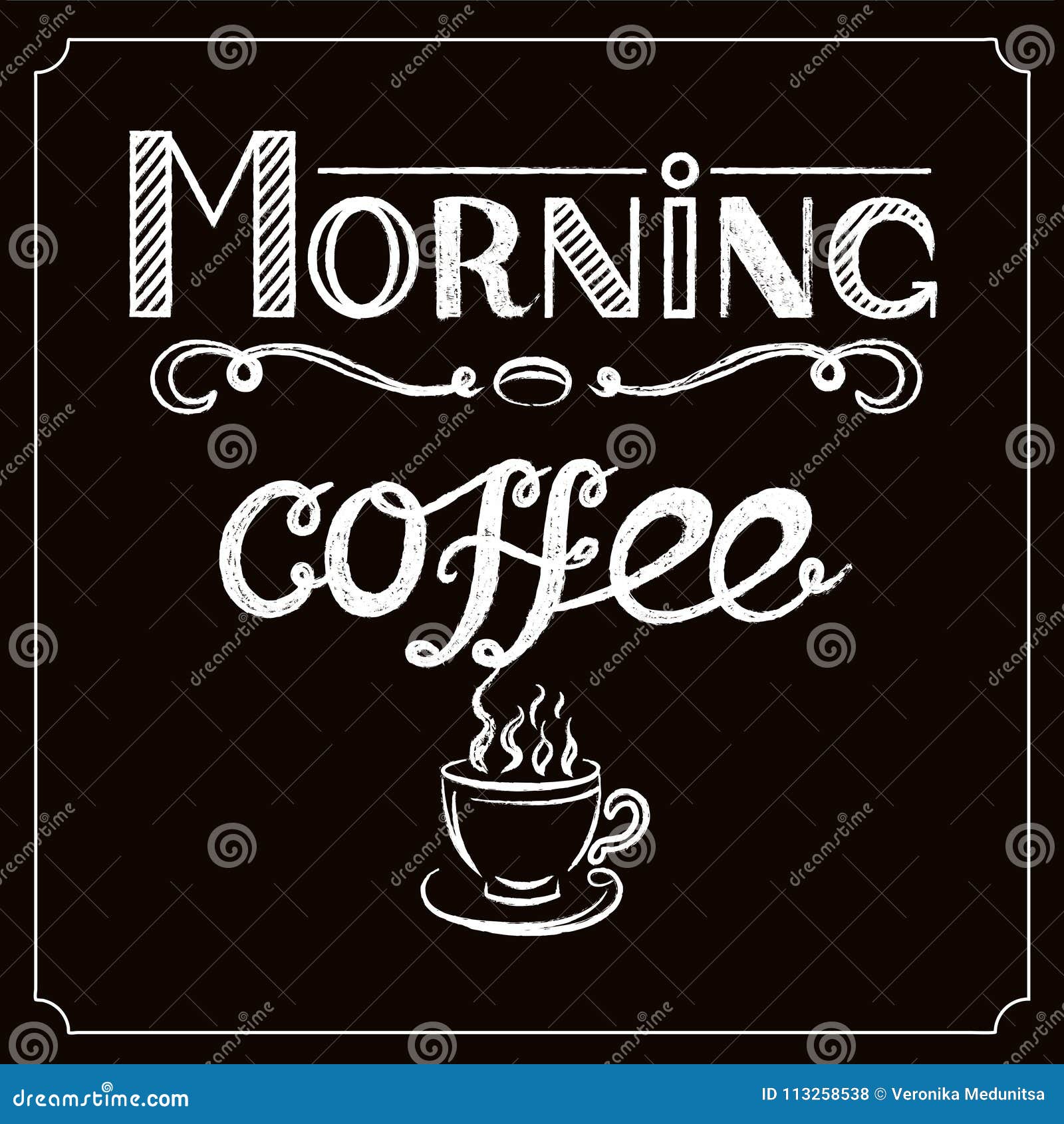 White Hand Drawn Lettering `Morning Coffee` with Charcoal Effect and ...