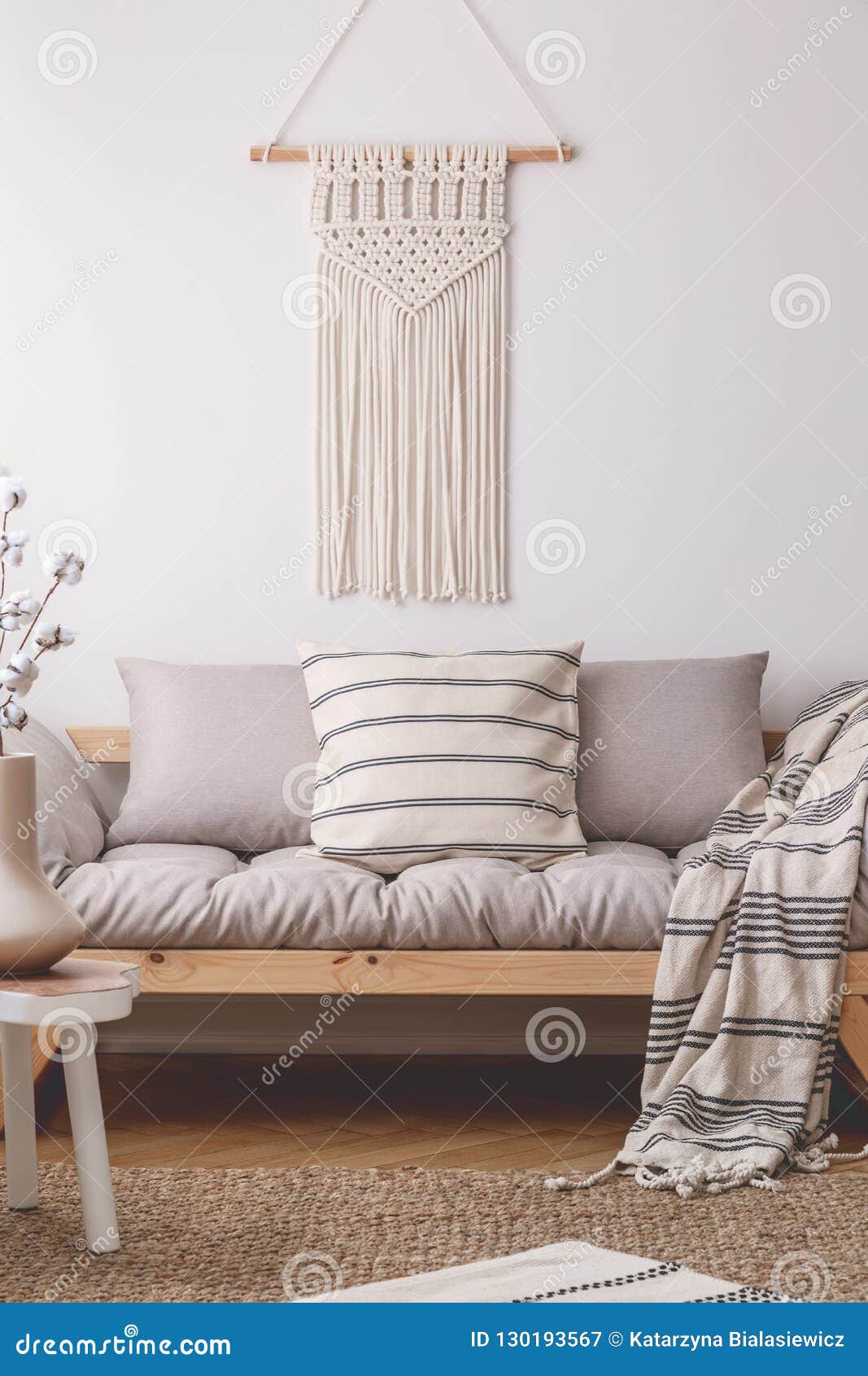 White Handmade Macrame Above Comfortable Beige Living Room 