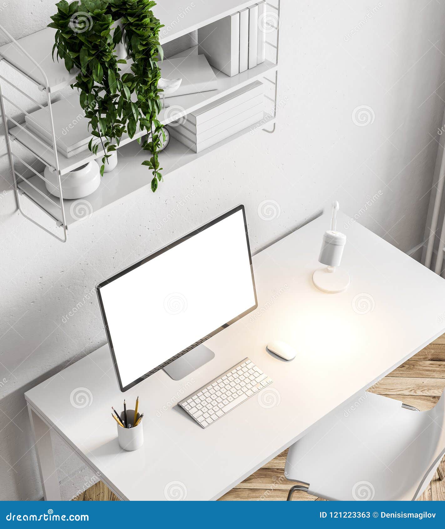White Home Office Screen And Shelves Top View Stock Illustration
