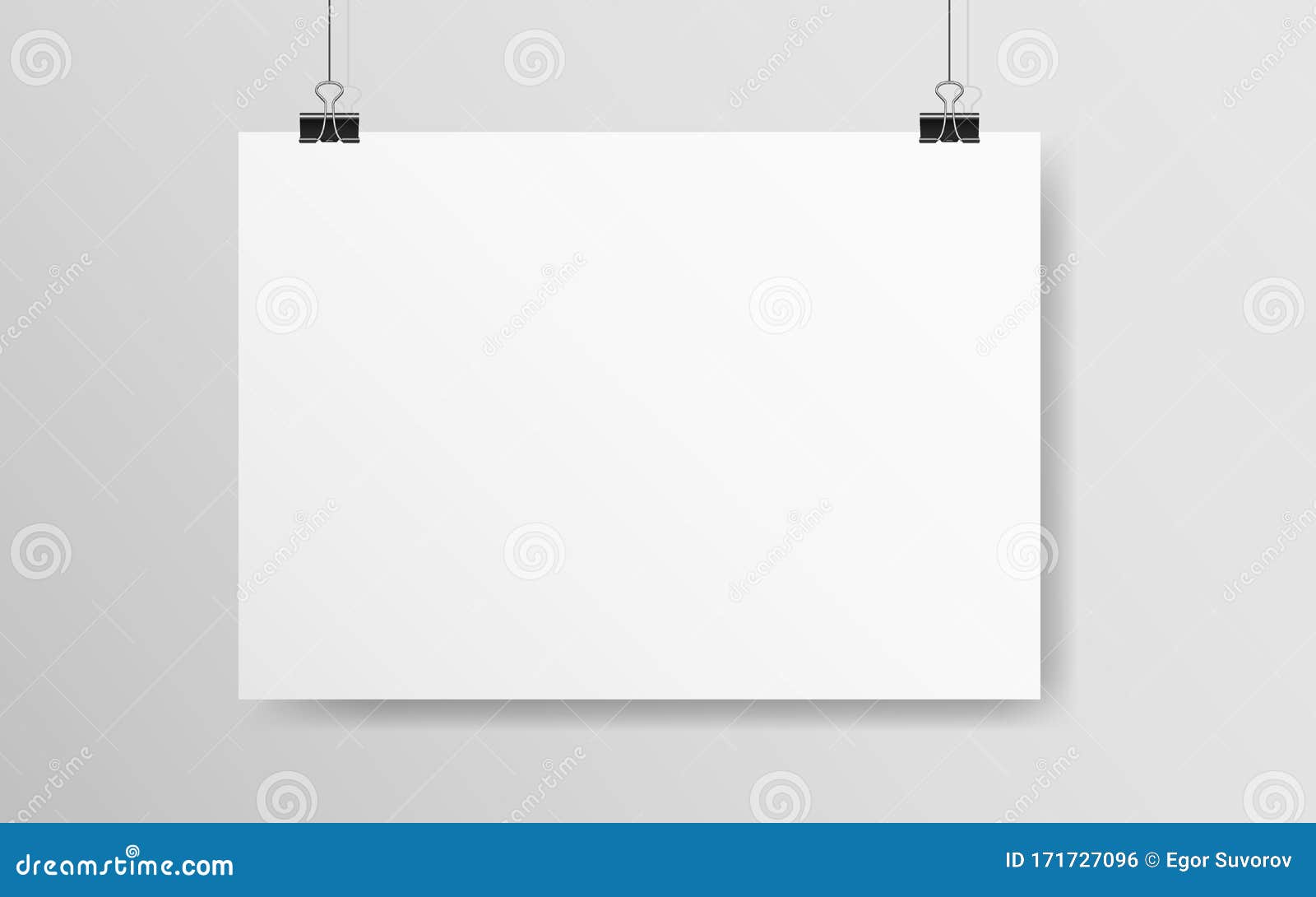 white horizontal poster mockup. empty a4 paper hanging on a wall. light blank on a rope. realistic template with soft