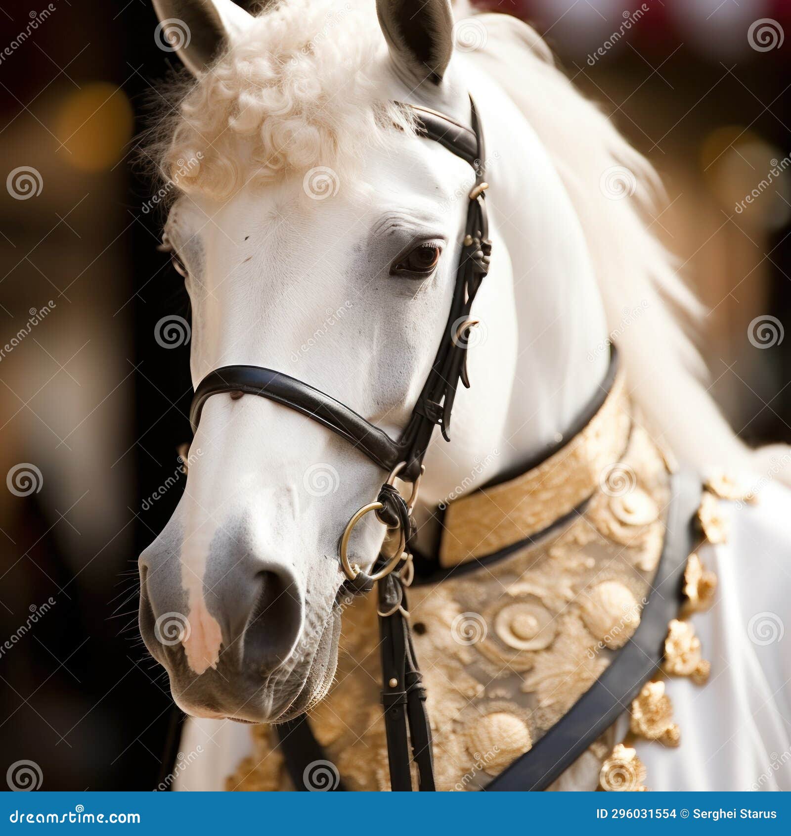 A White Horse with a Gold Bridle, AI Stock Photo Image of animals