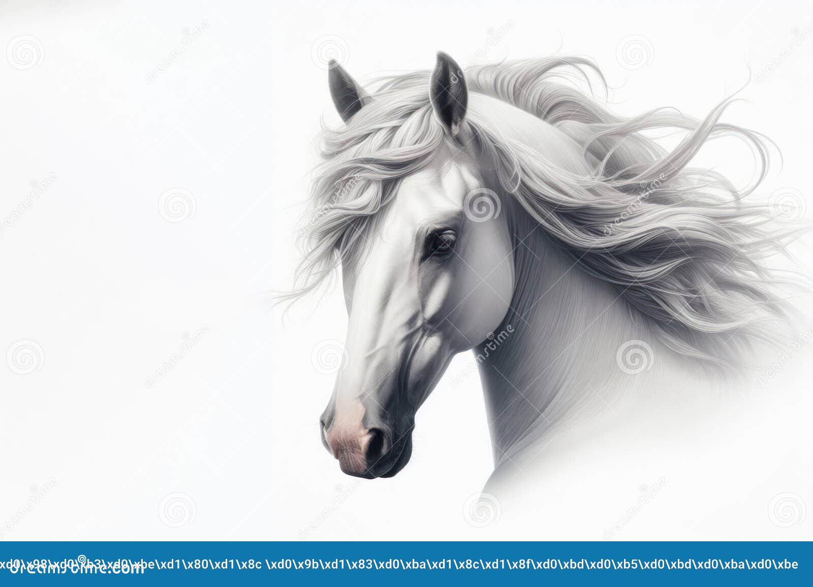 White Horse Portrait on White Background, Panoramic Layout. Ai