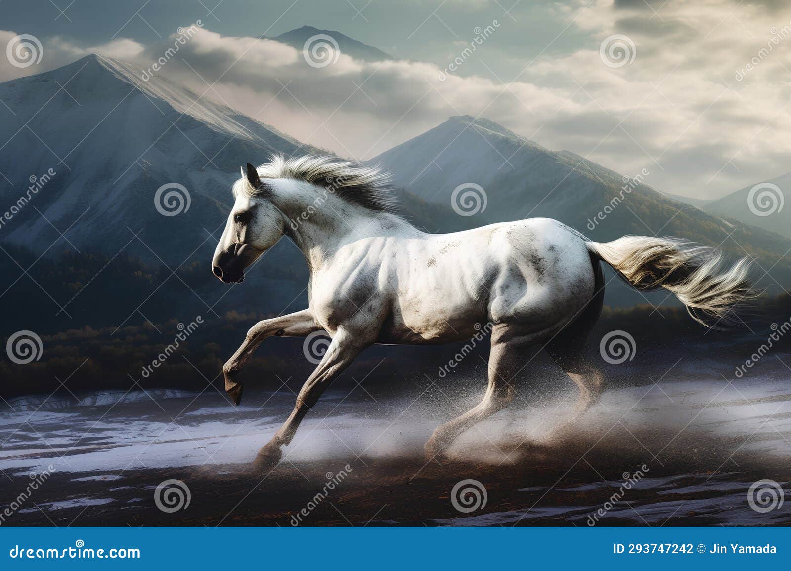 white horse running on the road in the mountains. 3d rendering