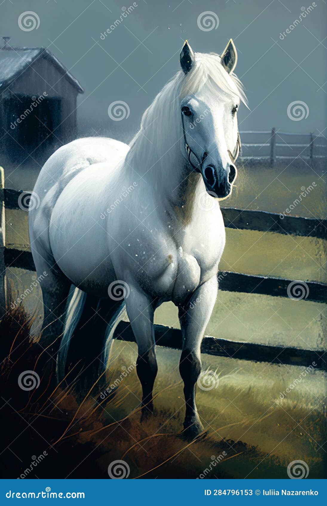 White Horse Stands in a Paddock at Sunset. AI Generated Stock Illustration Illustration of