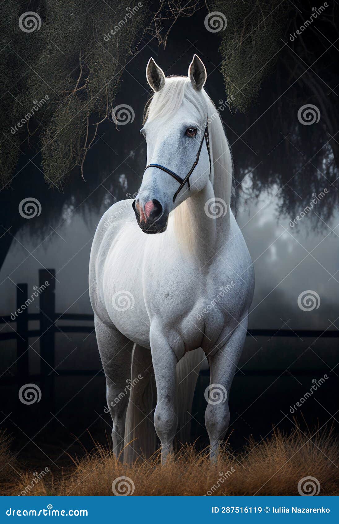 White Horse Stands in a Paddock at Sunset. AI Generated Stock Image Image of animal, postcard