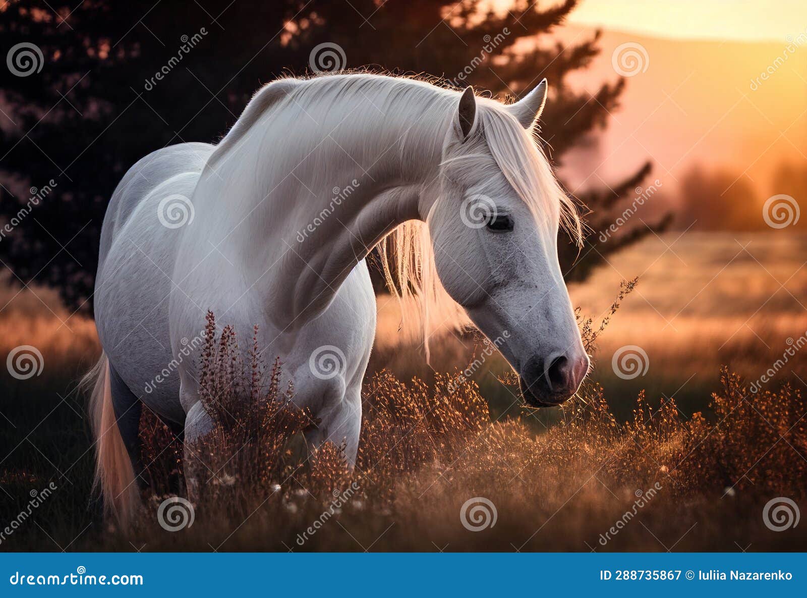 White Horse Stands in a Paddock at Sunset. AI Generated Stock Image Image of horse