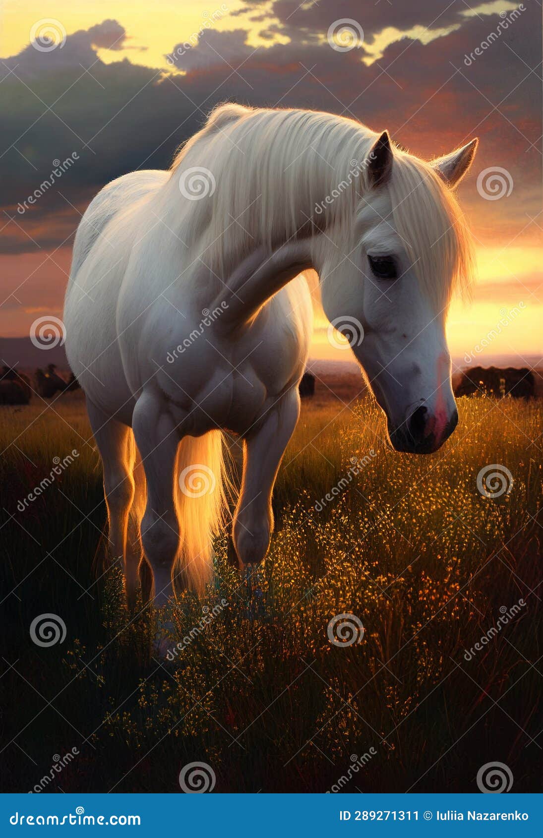 White Horse Stands in a Paddock at Sunset. AI Generated Stock Image Image of nature, sunset