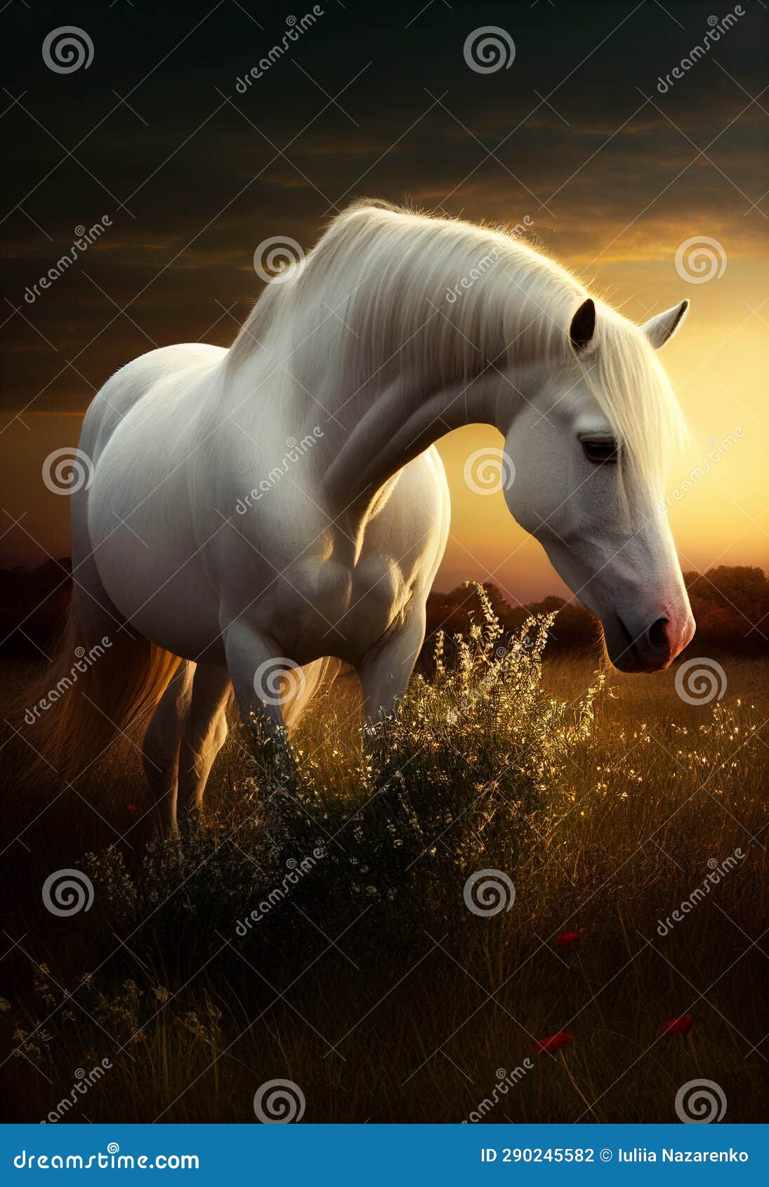 White Horse Stands in a Paddock at Sunset. AI Generated Stock Photo Image of equine, fences