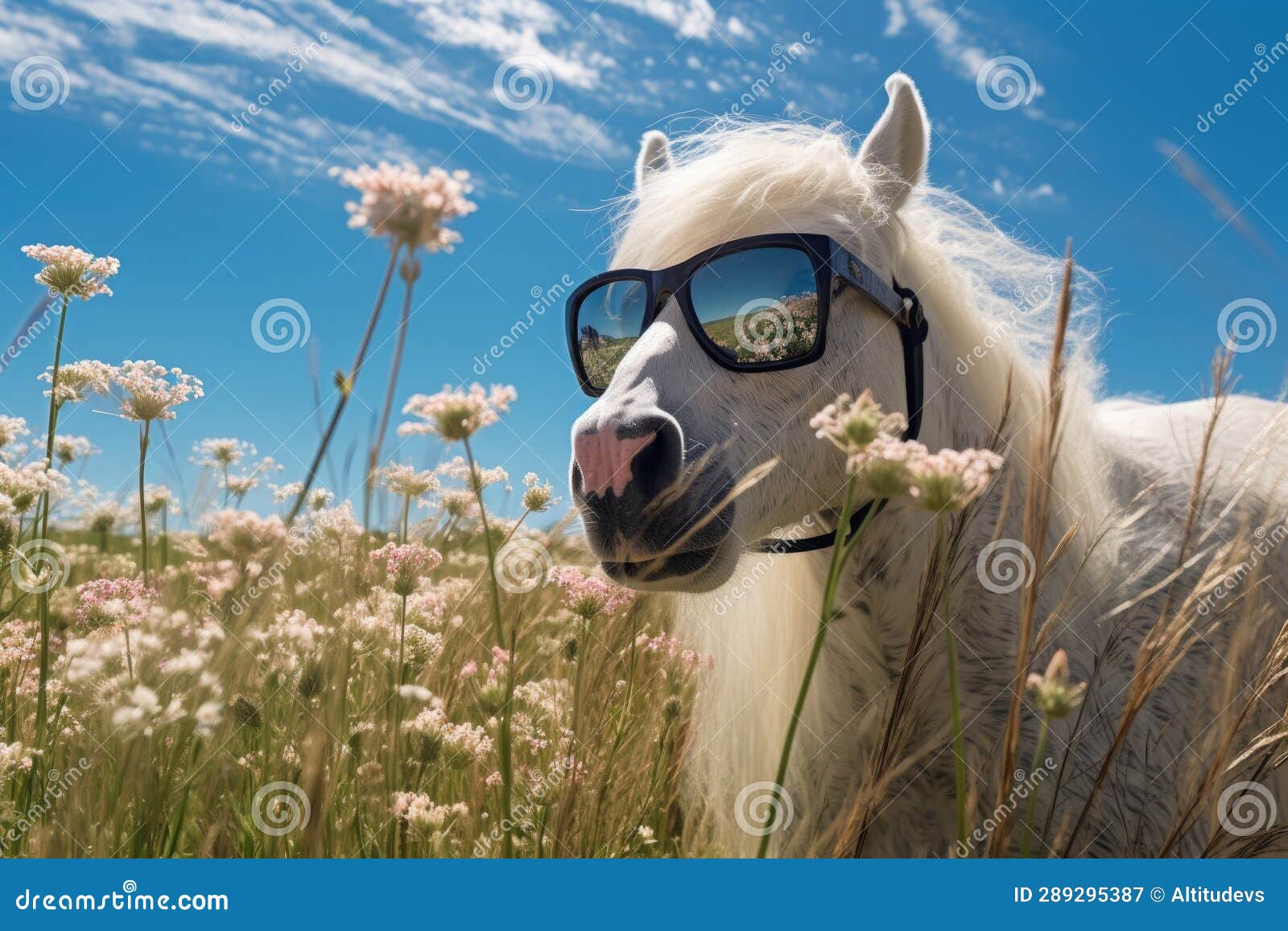 A White Horse Wearing Sunglasses, Standing in a Sunlit Meadow Stock ...