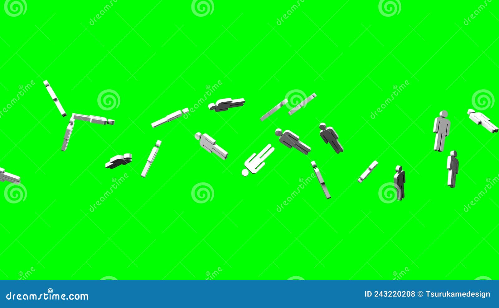 white human d objects on green chroma key background.