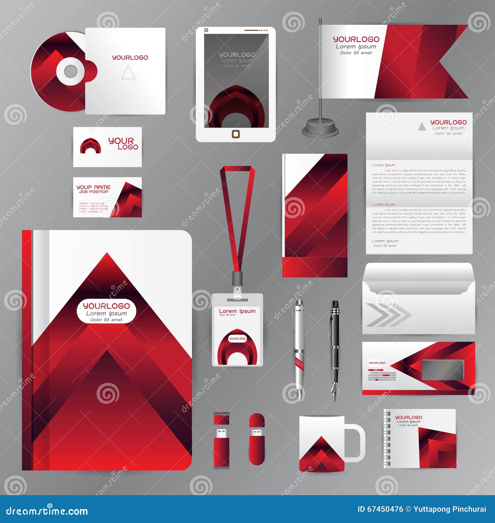 white identity template with red origami s.  company style for brandbook guideline and pens mugs cds books business c