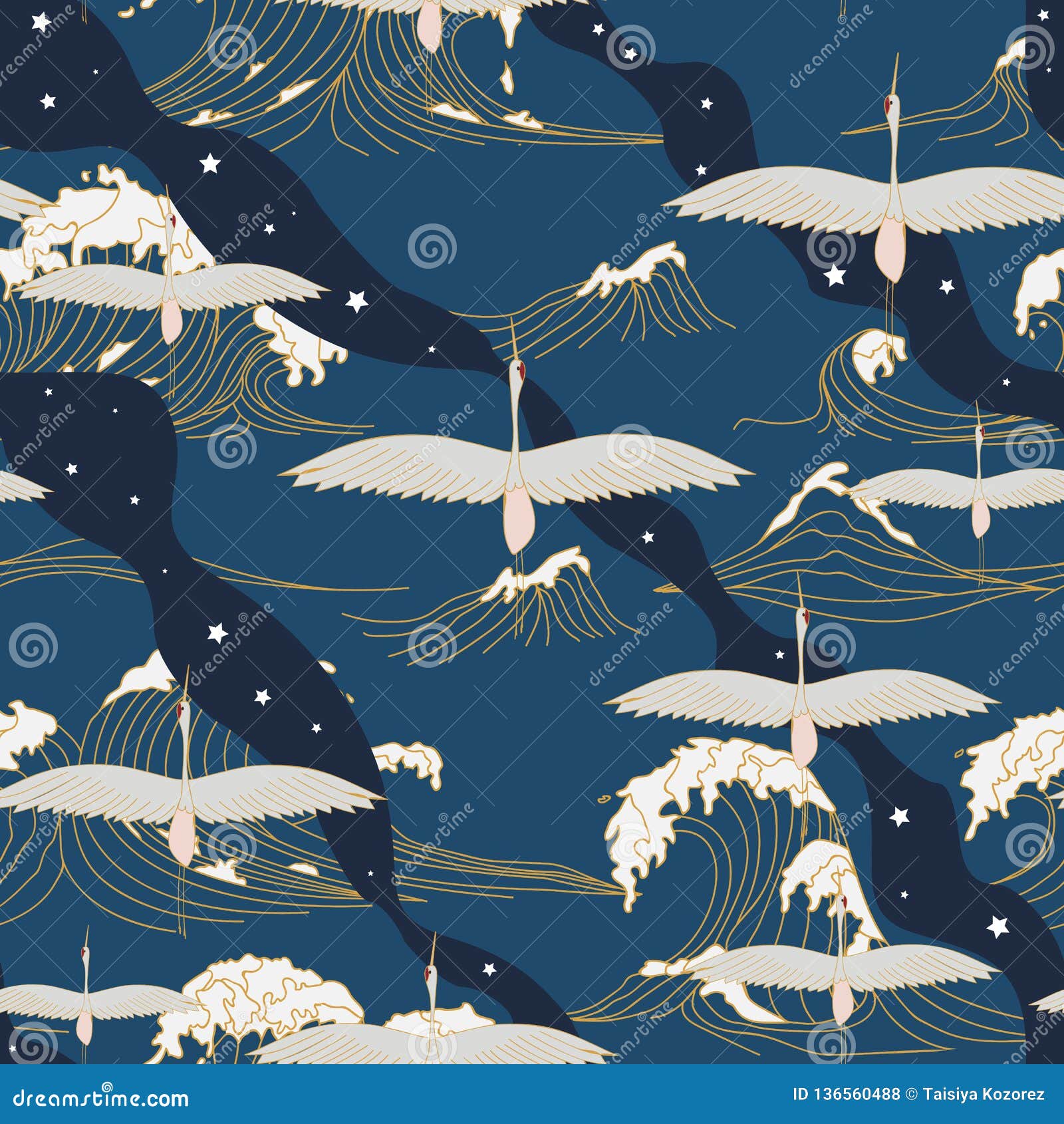 White Japanese Stork Fly Over The Night Sea , Great Design For Any Purposes. Night Sky With ...