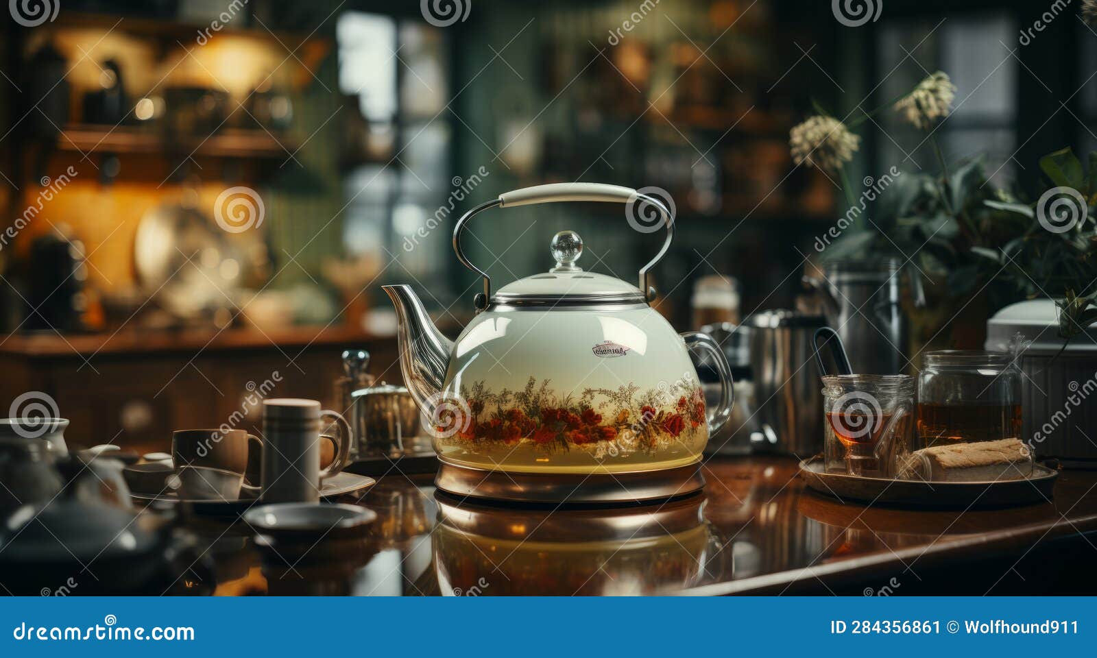 A White Kettle Pots and Pans on a Wooden Counter. AI Generated Stock