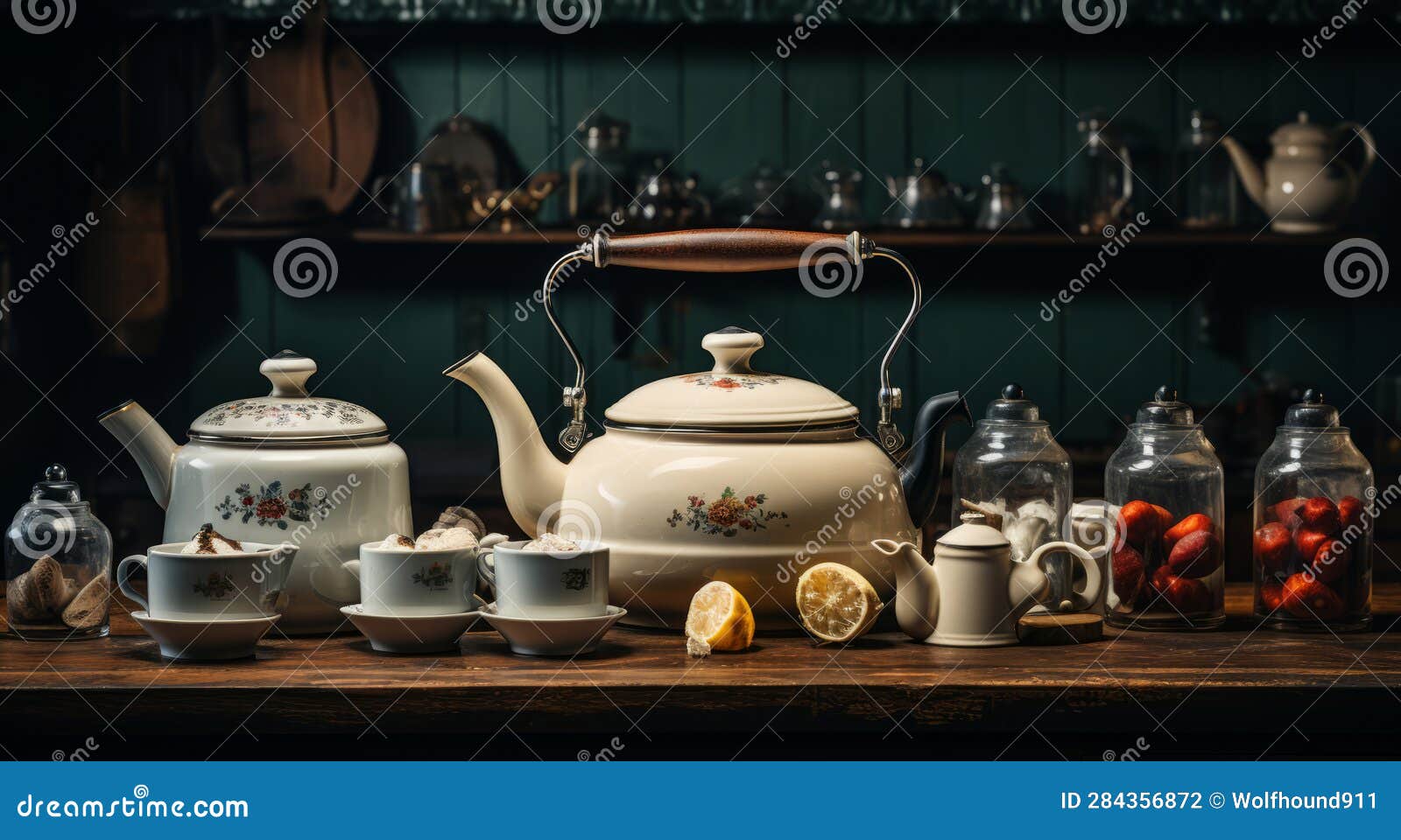 A White Kettle Pots and Pans on a Wooden Counter. AI Generated Stock