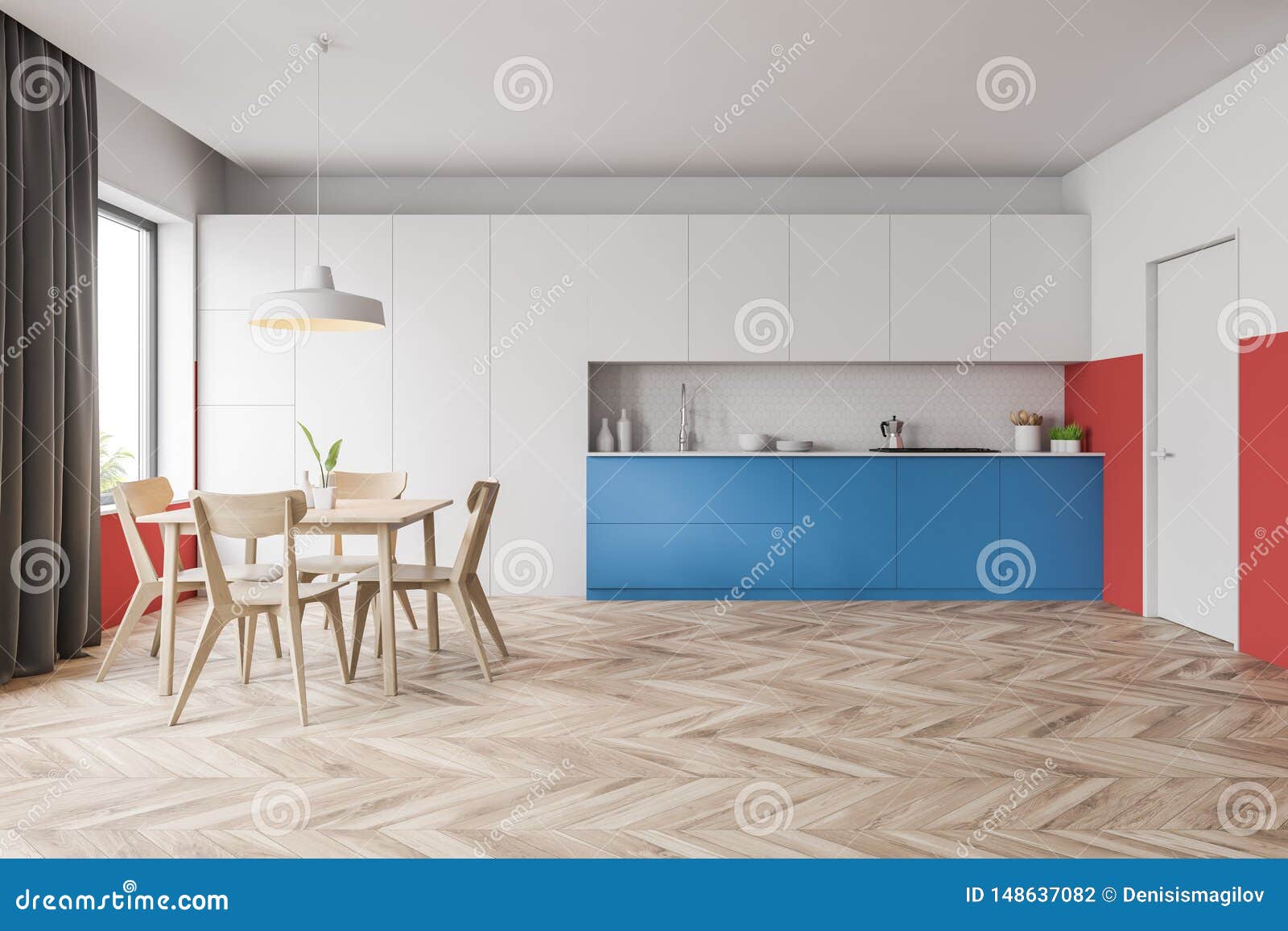 White Kitchen With Blue Countertops And Table Stock Illustration