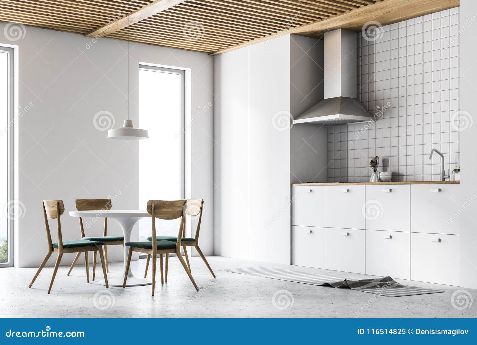 White Kitchen And Dining Room Interior Side View Stock