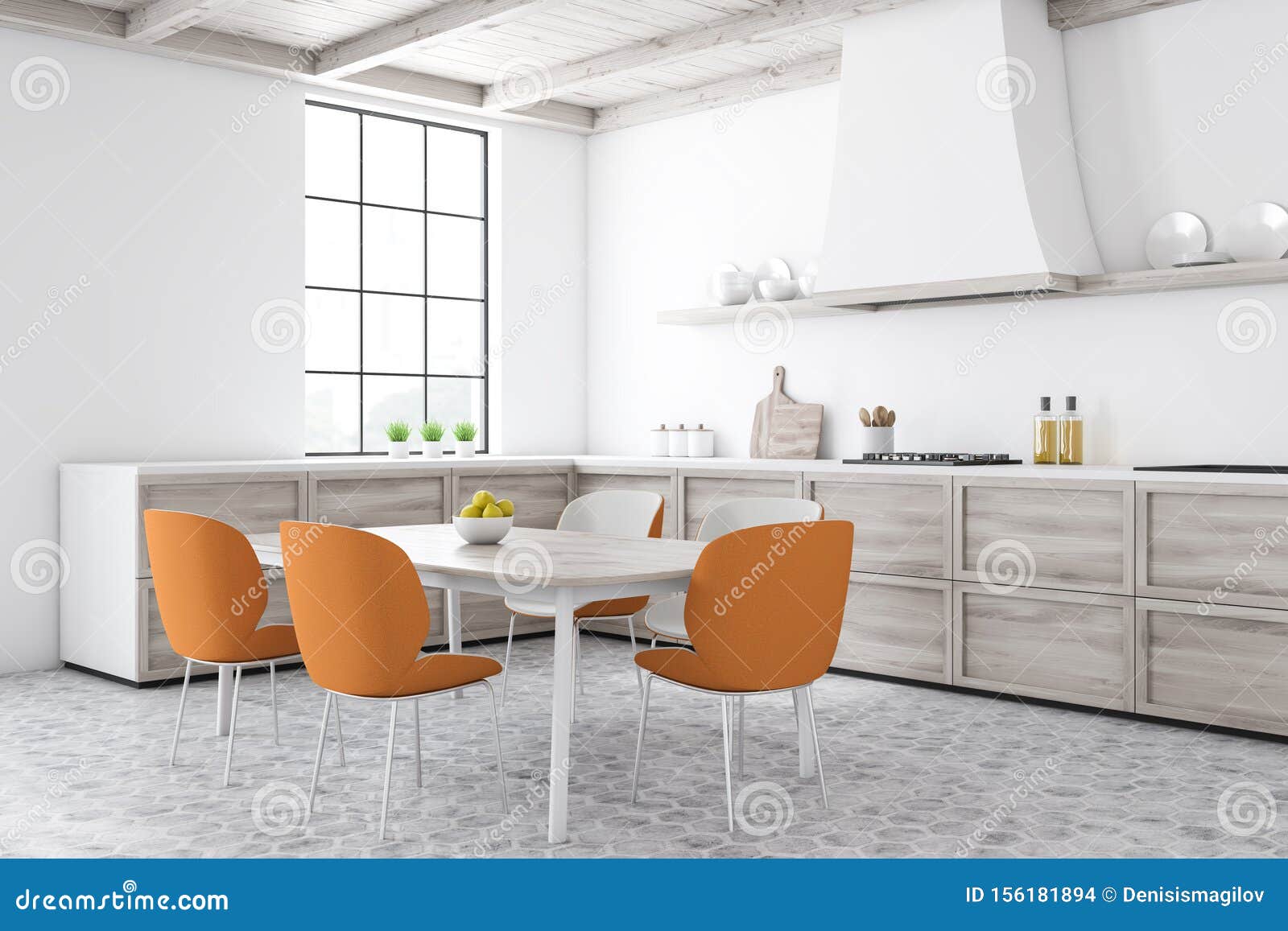 White Kitchen Corner With Dining Table Stock Illustration