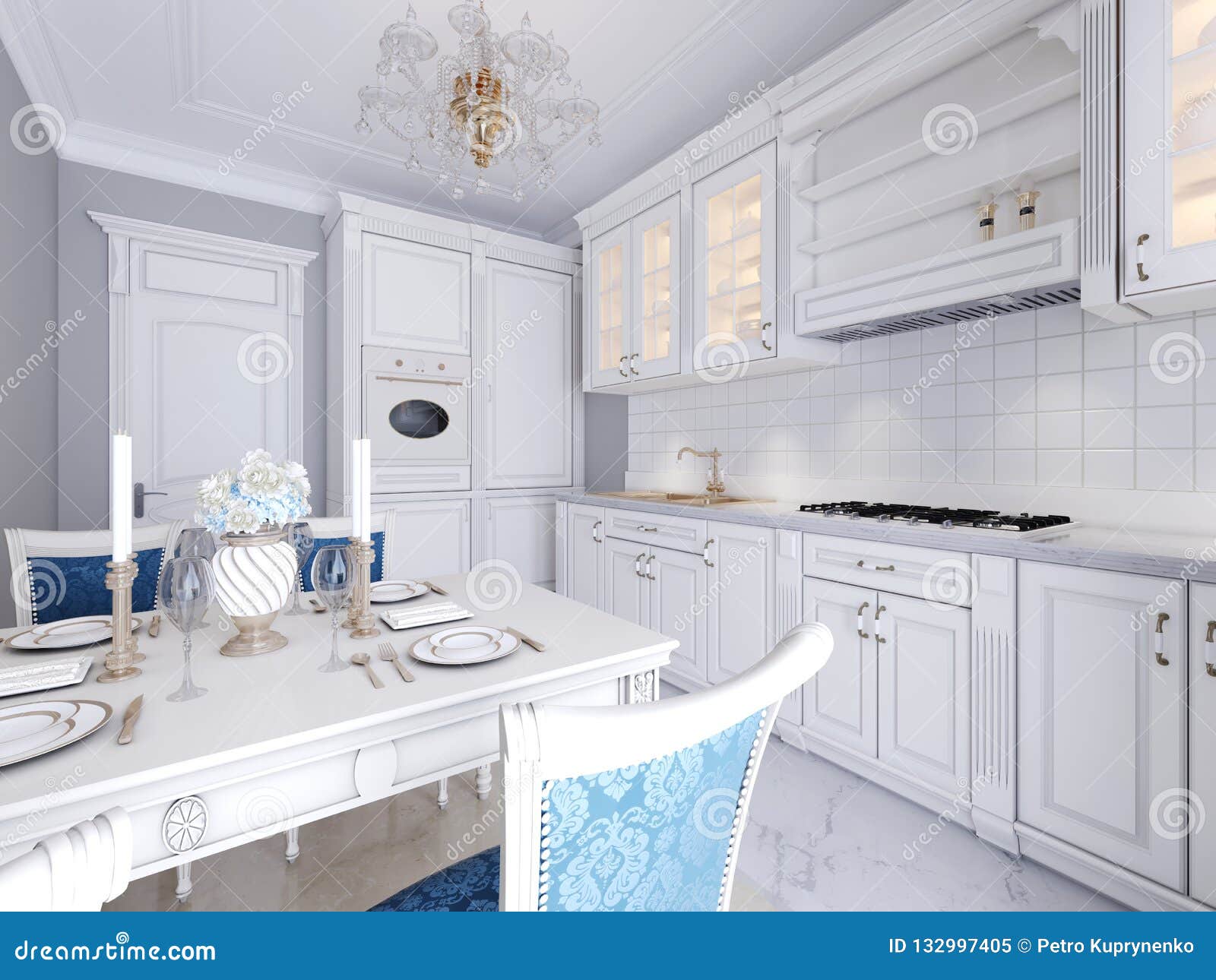 White Kitchen with Dining Table in a Classic Style. the Bright Interior