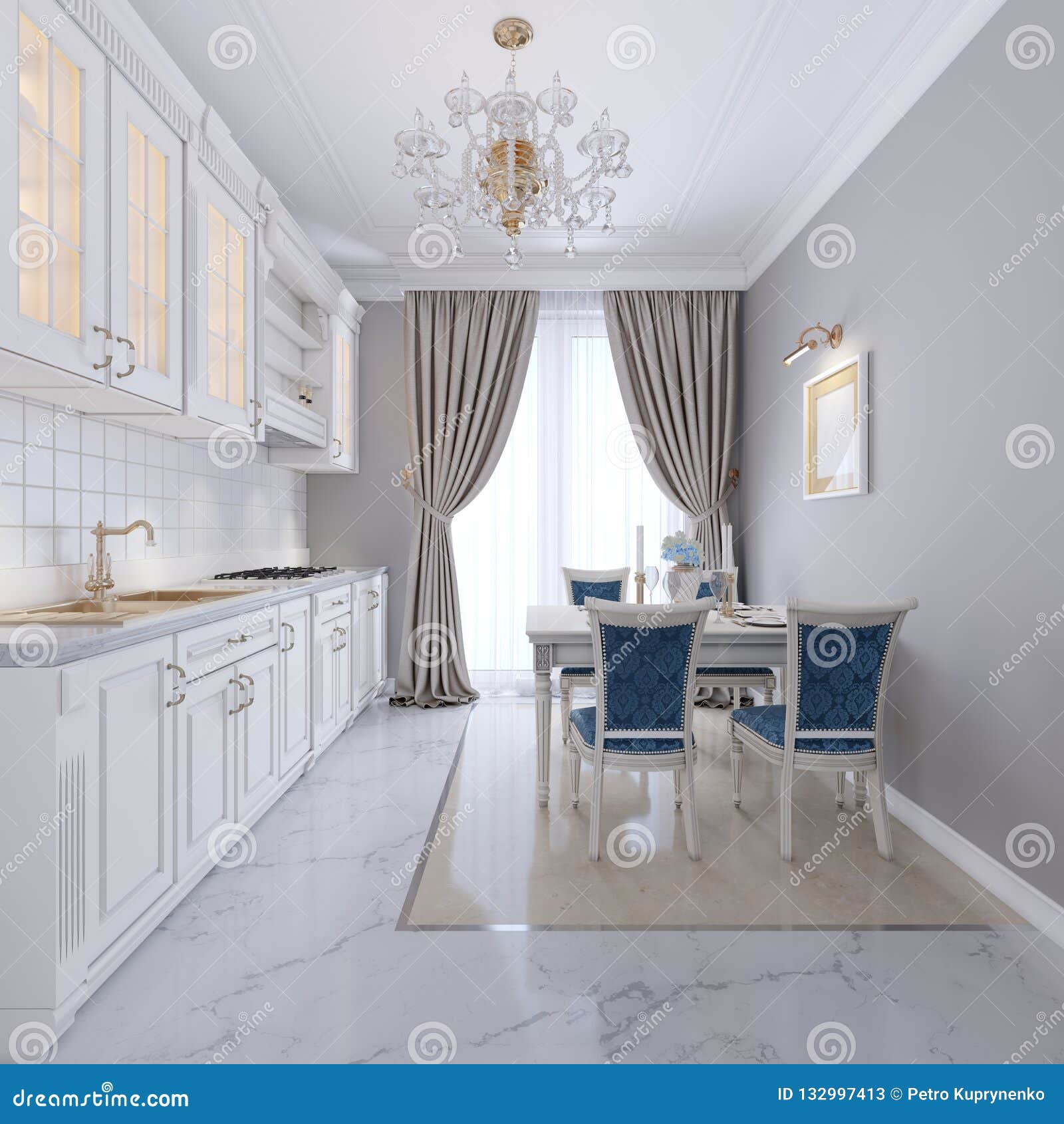 White Kitchen with Dining Table in a Classic Style. the Bright Interior