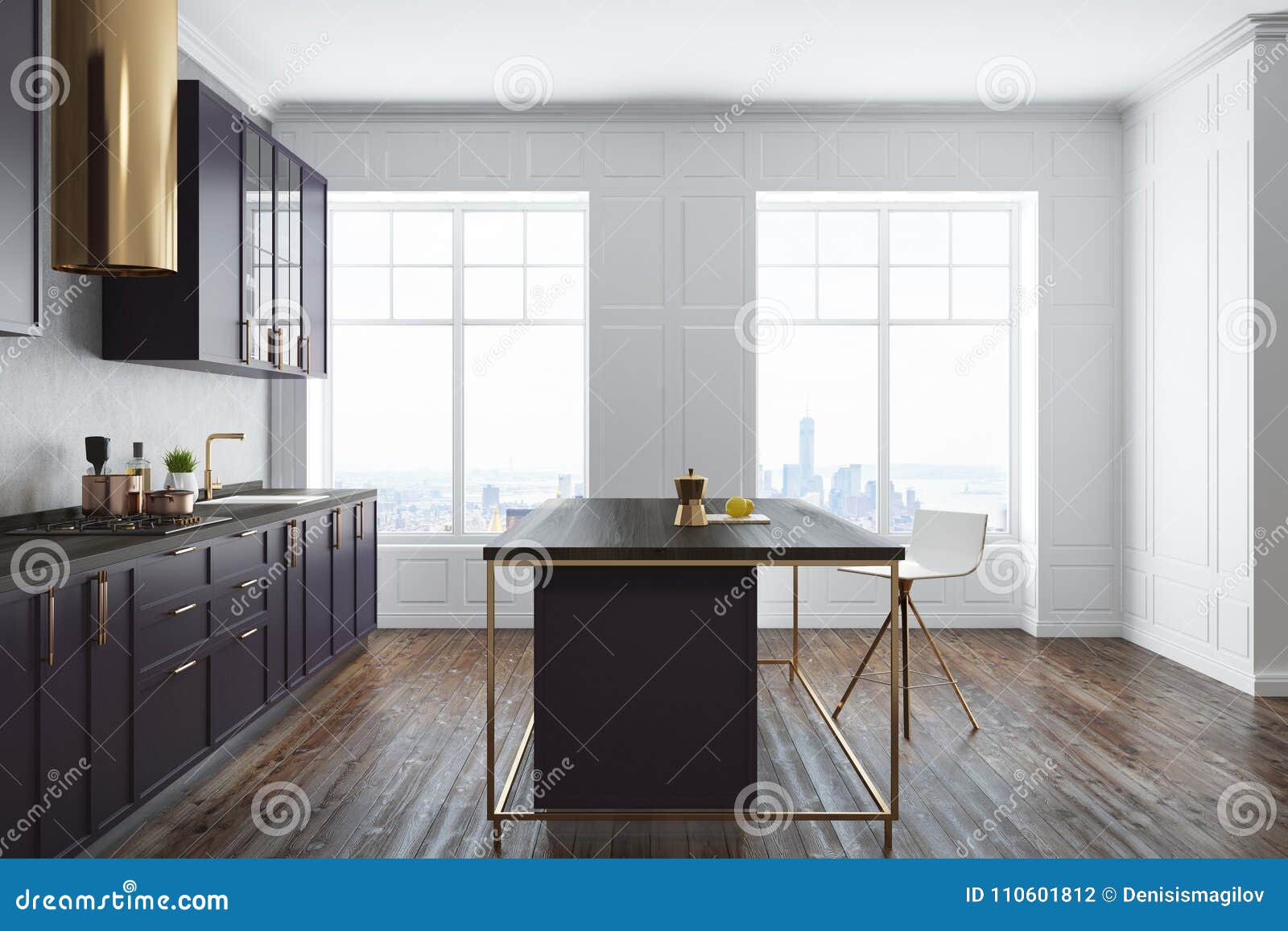 White Kitchen Purple Countertops Talbe Side White Concrete Wall Kitchen Interior Wooden Floor Dark Purple 110601812 