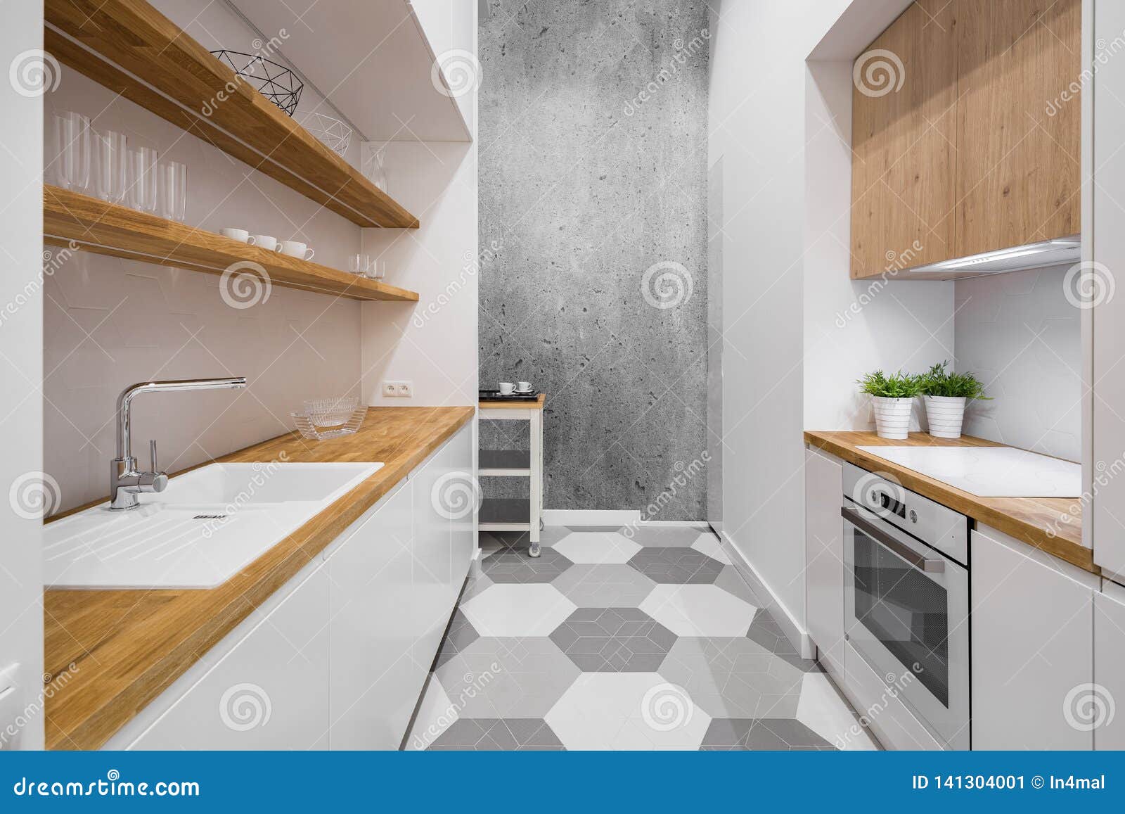 White Kitchen with Wooden Countertop Stock Image Image of furniture