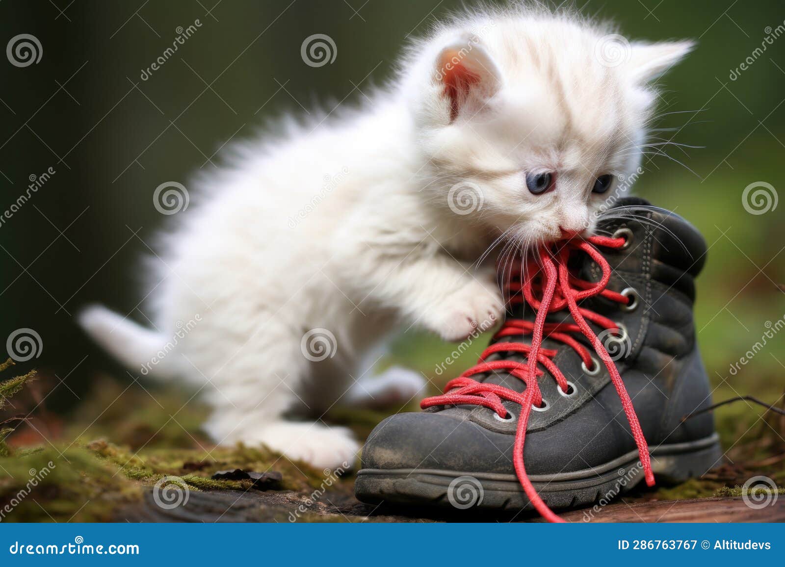 White Kitten Playfully Biting the Laces of a Hiking Boot Stock