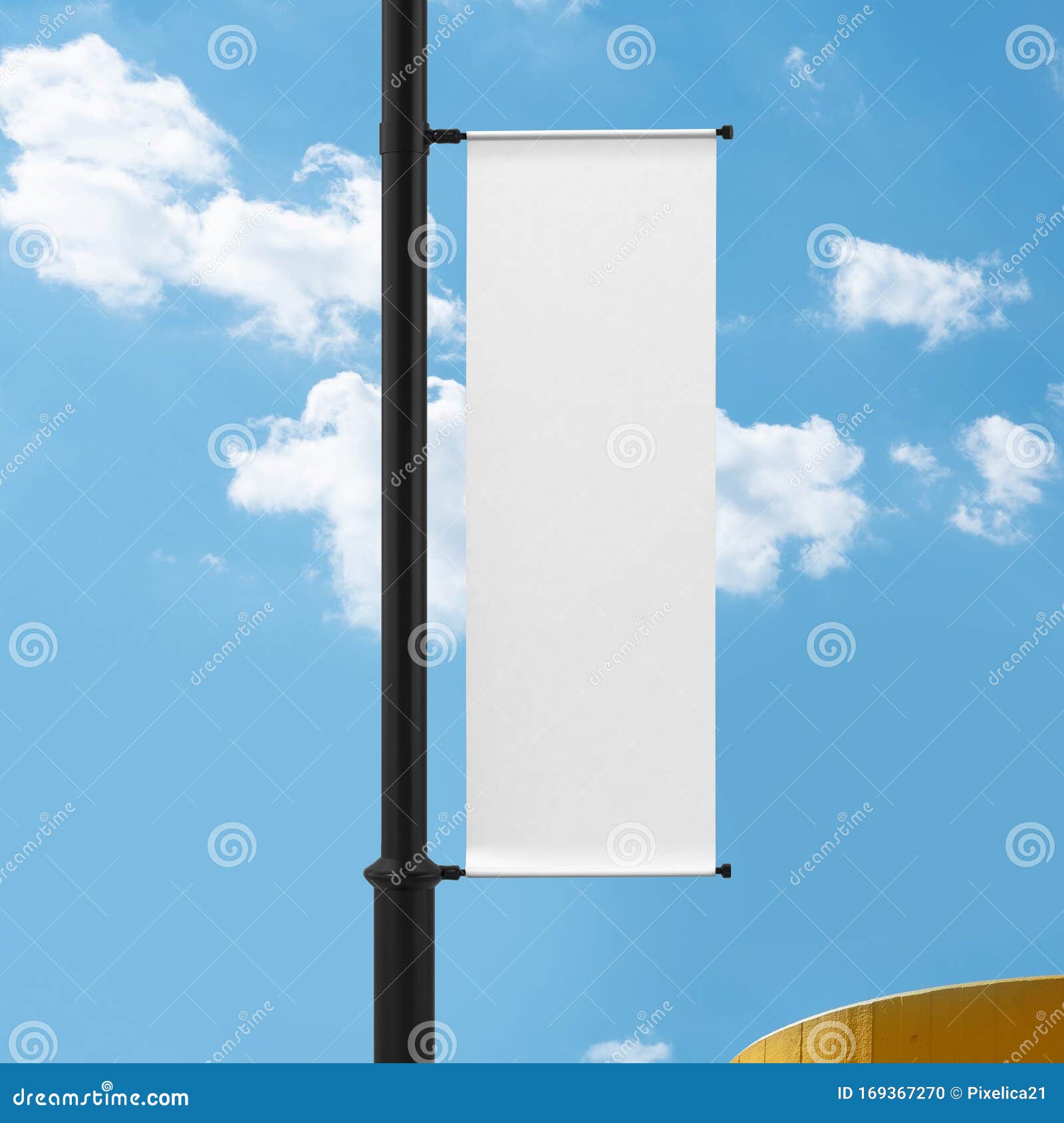 white lamp post banner mockup, blank advertisment 3d rendering with blue sky background