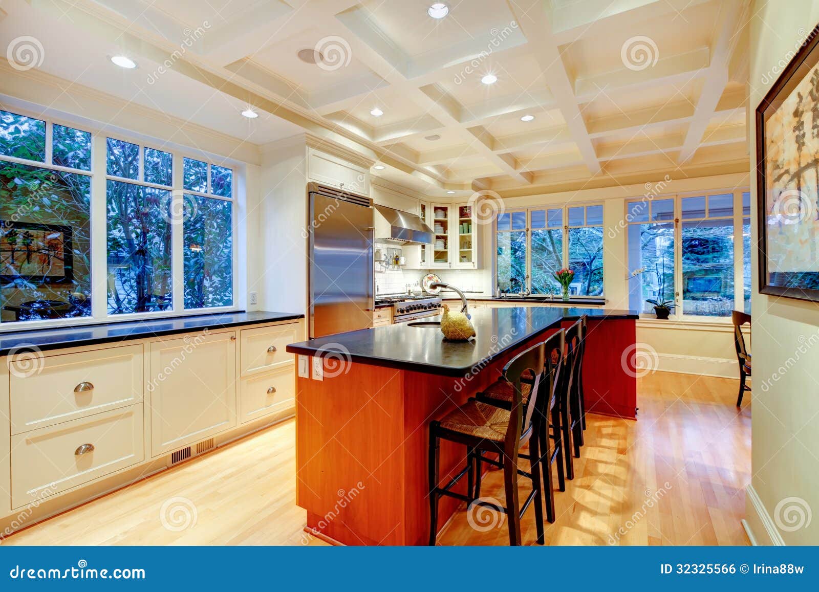 White Large Luxury Kitchen with Huge Wood Island and Refrigerator
